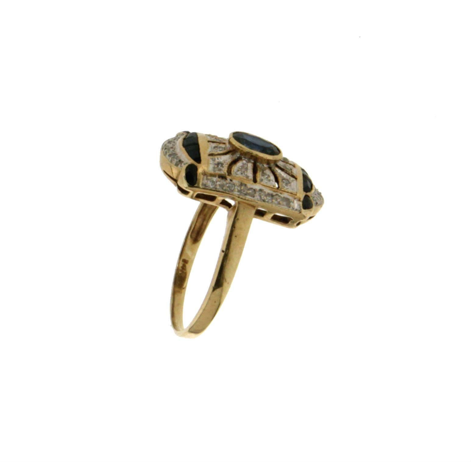 Women's or Men's Sapphire 14 karat Yellow Gold Diamonds Cocktail Ring