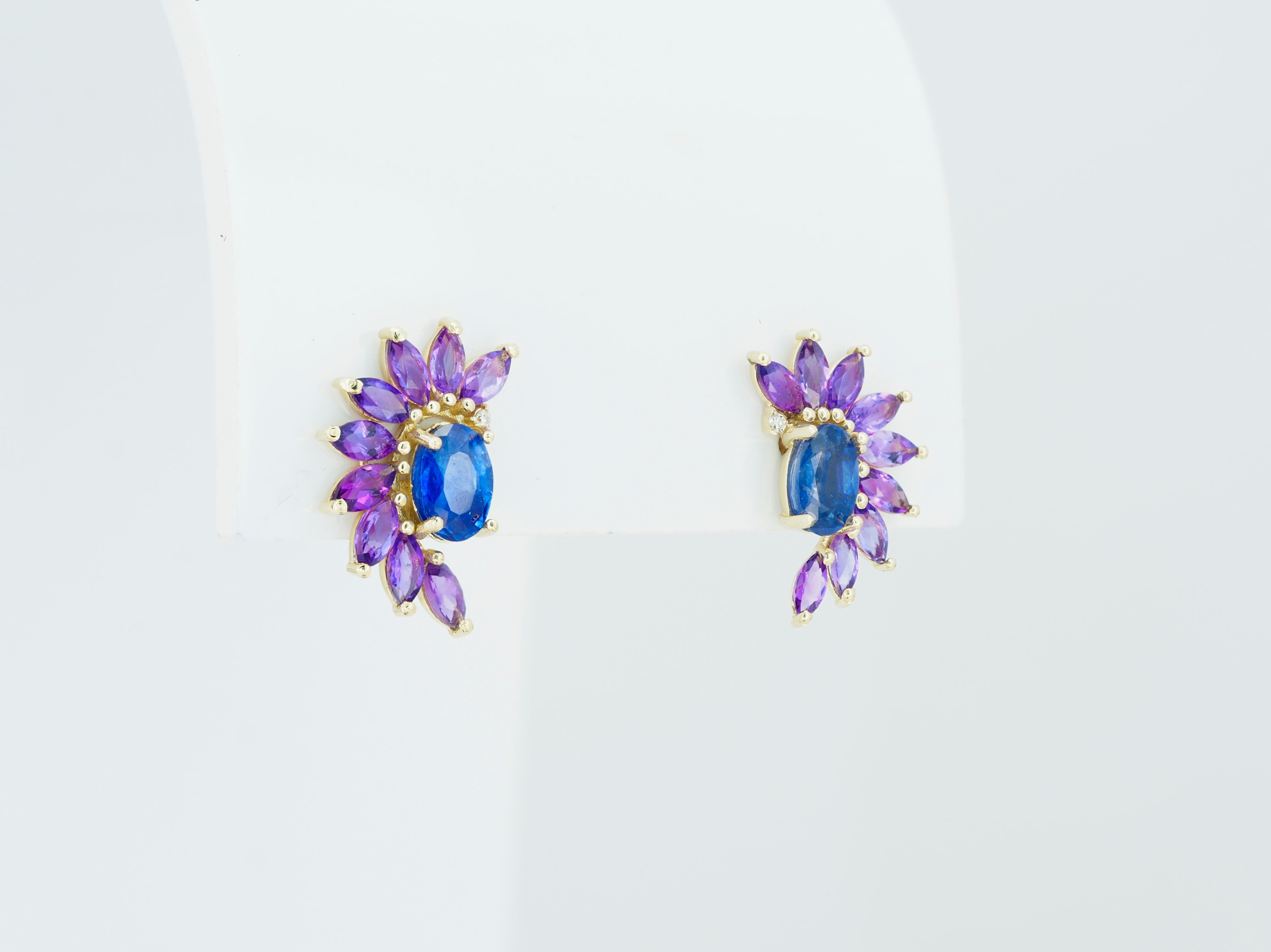Modern Sapphire, Amethyst 14k Gold Earrings Studs. For Sale