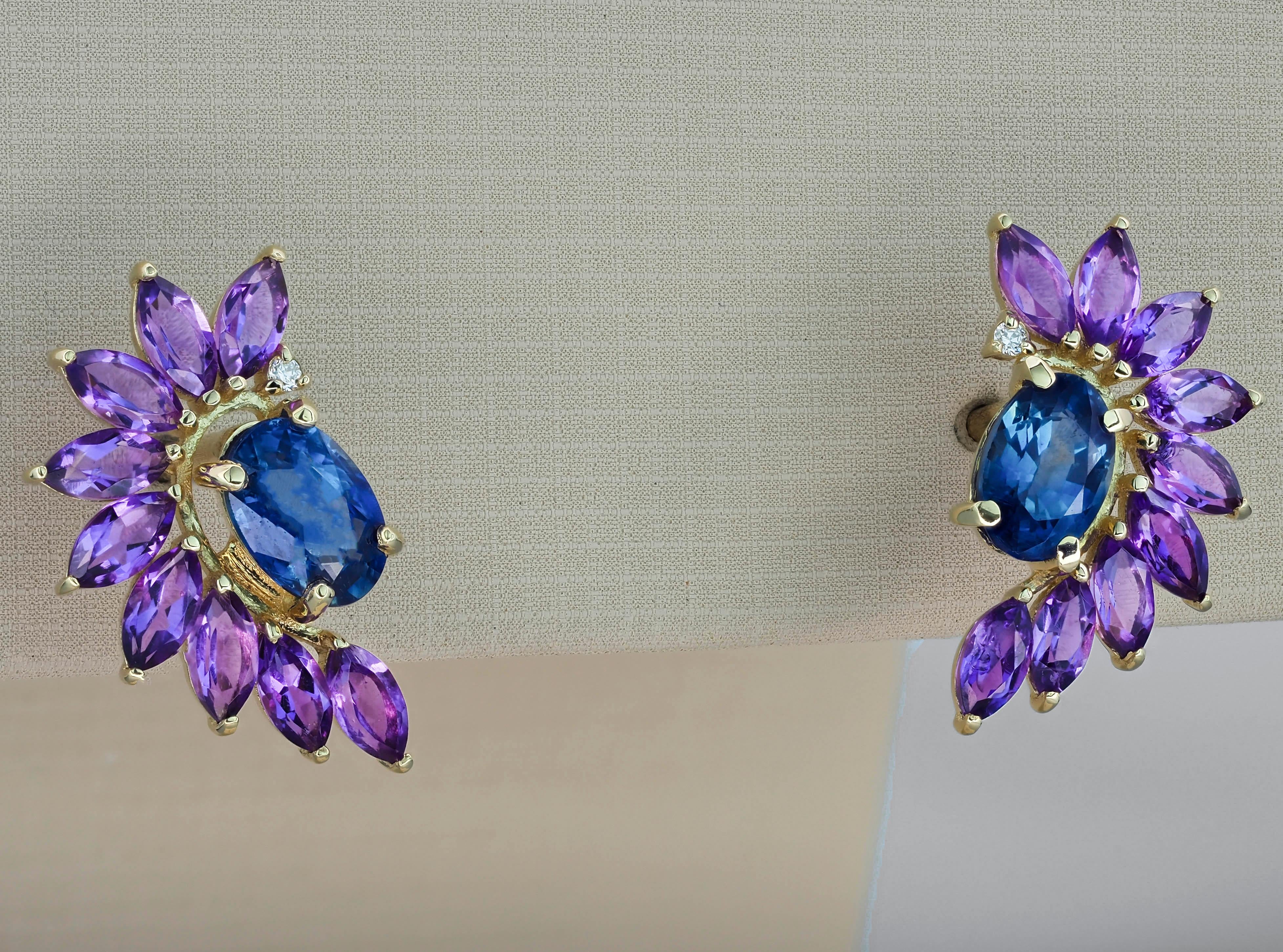 Sapphire 14k Gold Earrings Studs. Amethyst Earrings Studs in 14k Gold! For Sale 2