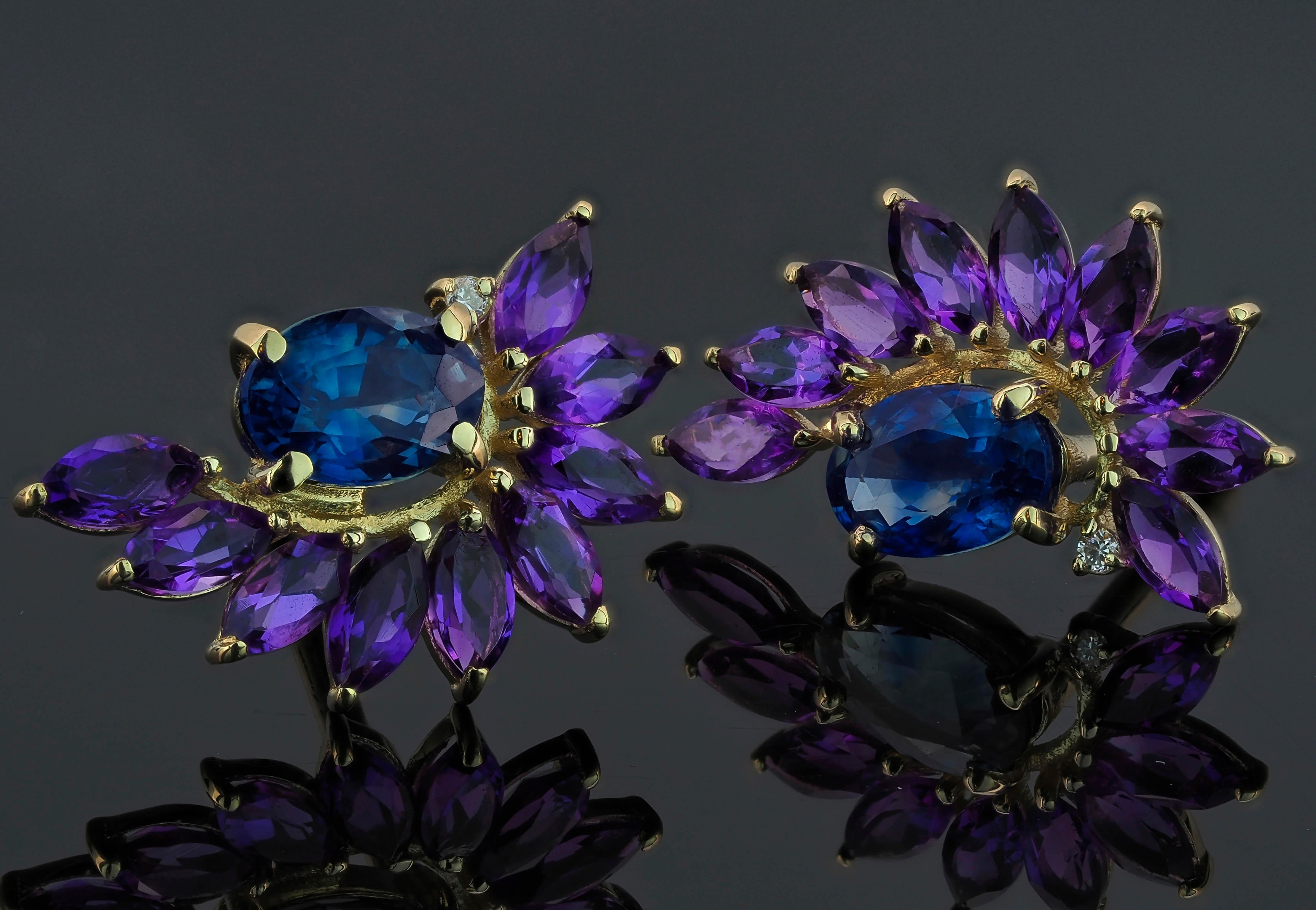 Sapphire 14k gold earrings studs.  For Sale 1