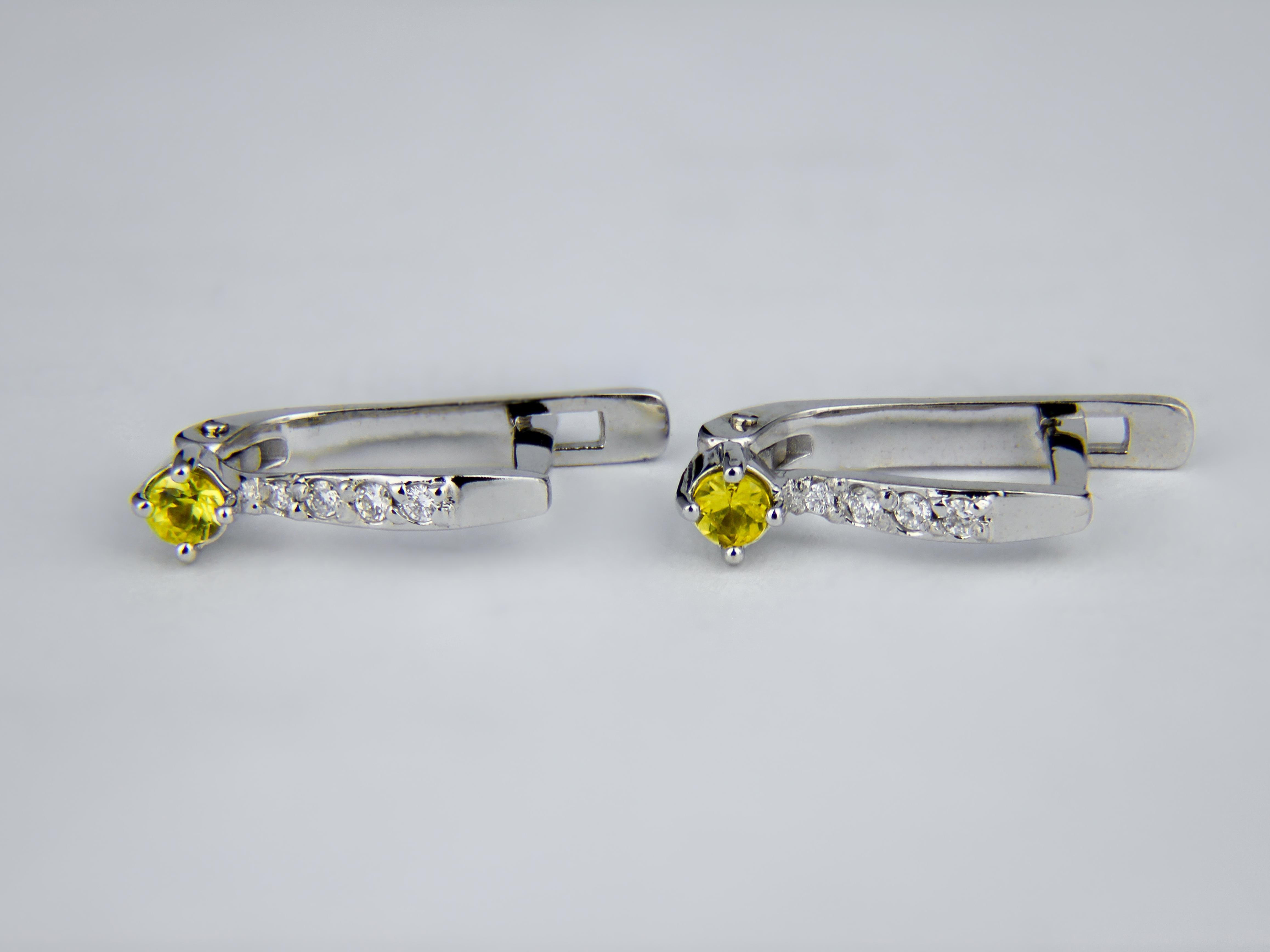 Sapphire 14k Gold Earrings, Tiny Yellow Sapphire Earrings In New Condition For Sale In Istanbul, TR