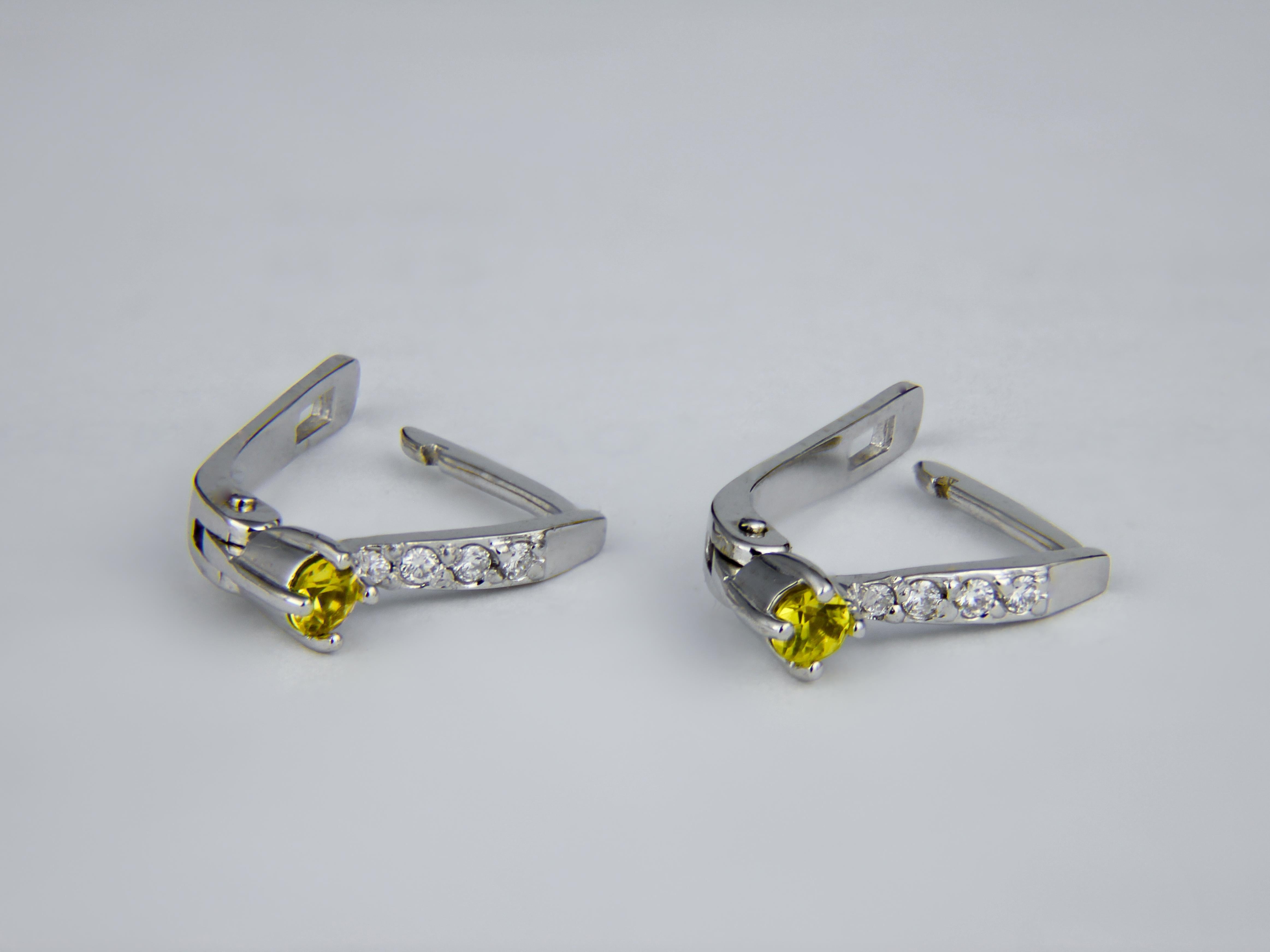 Sapphire 14k Gold Earrings, Tiny Yellow Sapphire Earrings For Sale 1
