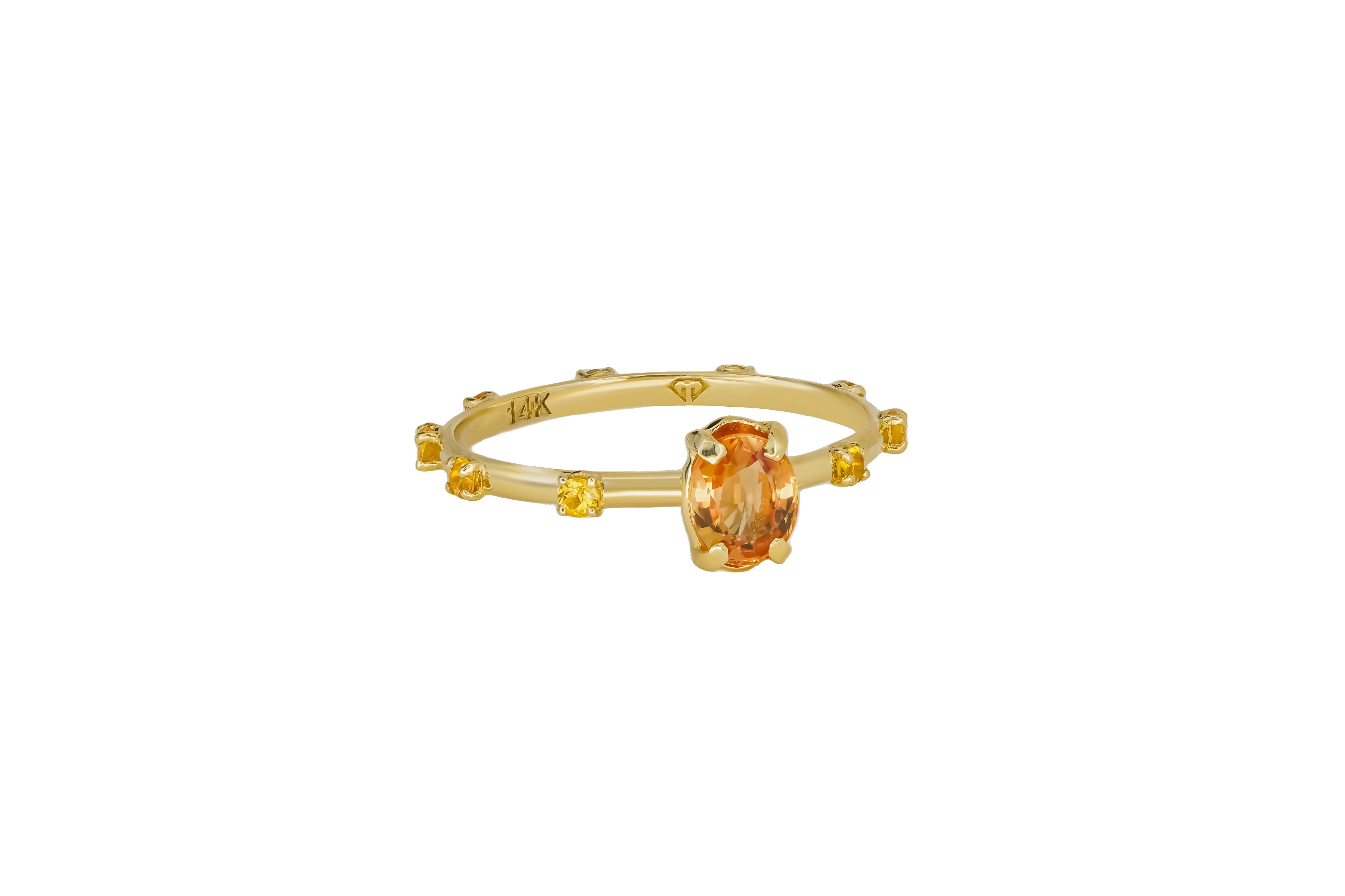 Lab Sapphire 14k gold ring. Oval Sapphire ring.  Yellow gem ring. 

Metal: 14k gold ring
Weight: 1.8 gr depends from size

Gemstones:
Lab sapphire, oval cut, 1 ct, yellow - orange color
Small yellow sapphires

auction