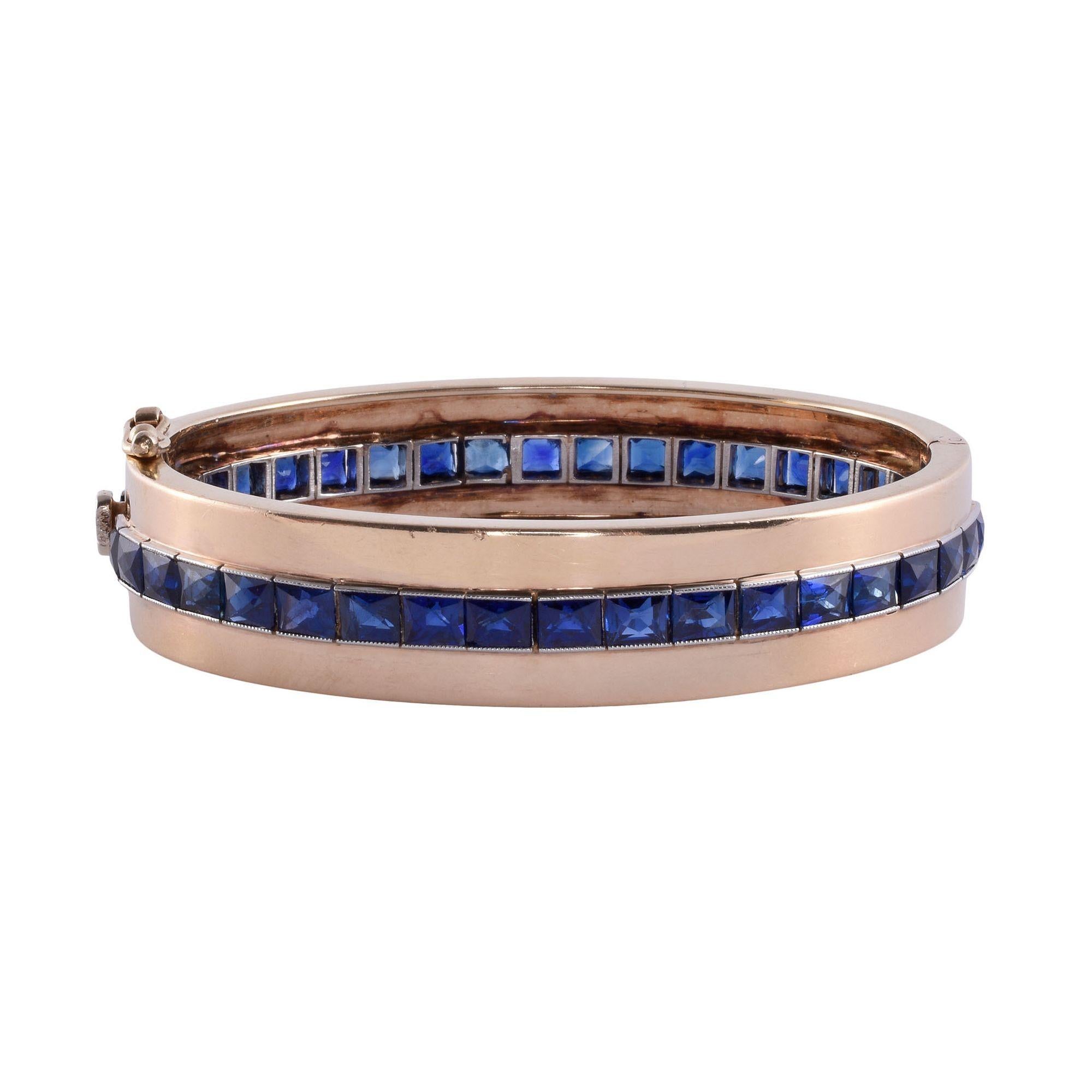 French Cut Sapphire 14k & Platinum Hinged Bangle Bracelet For Sale