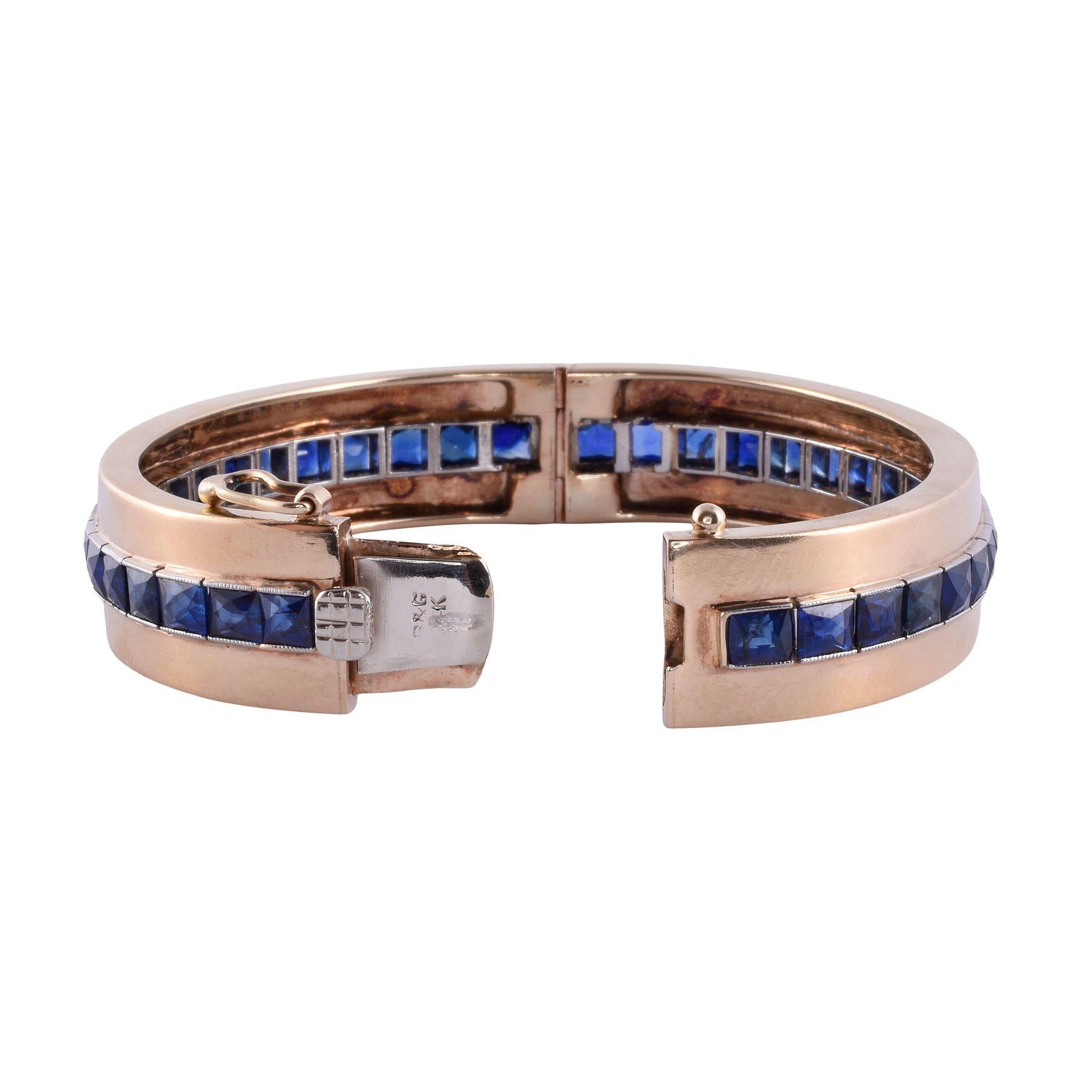 Women's Sapphire 14k & Platinum Hinged Bangle Bracelet For Sale