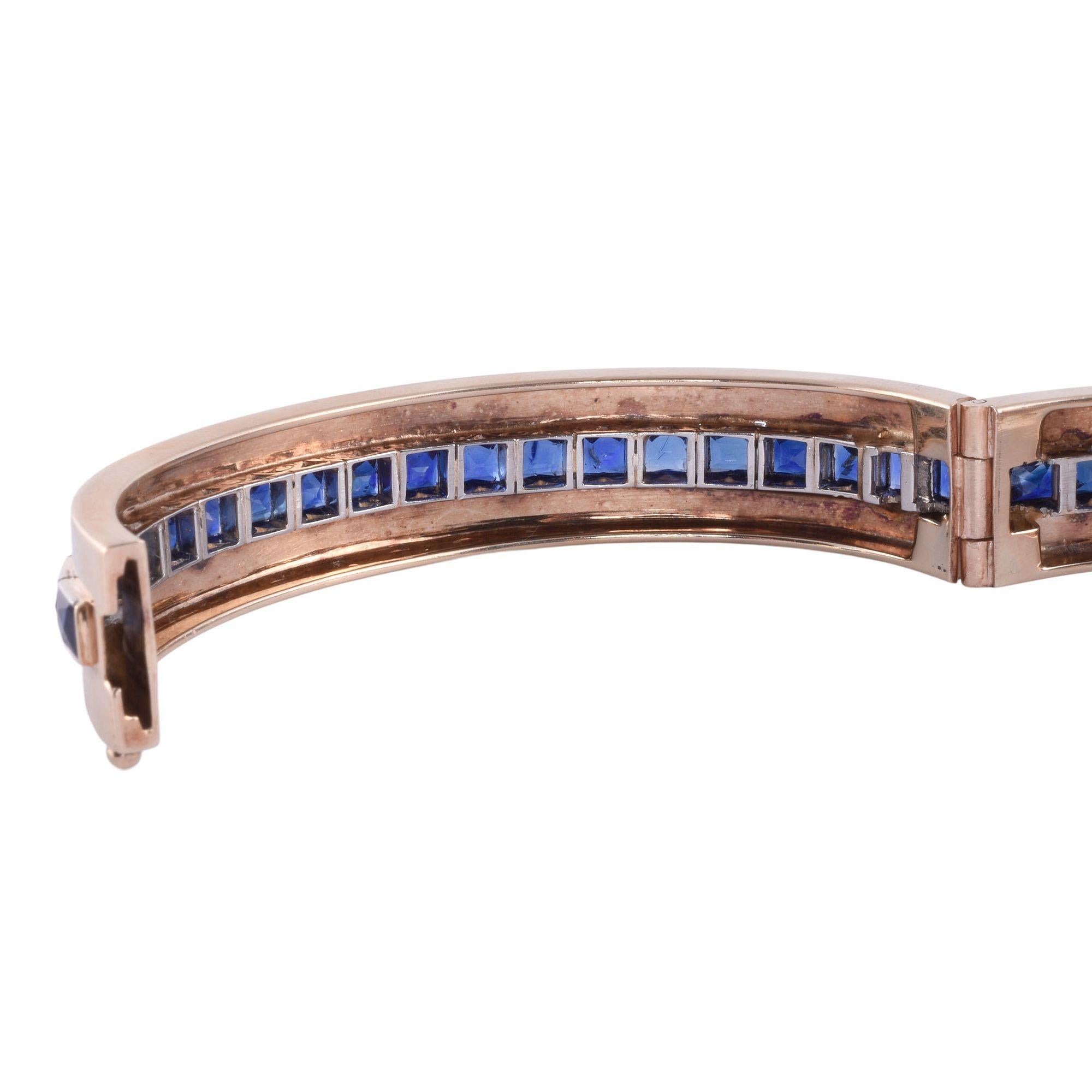 Sapphire 14k & Platinum Hinged Bangle Bracelet For Sale 2