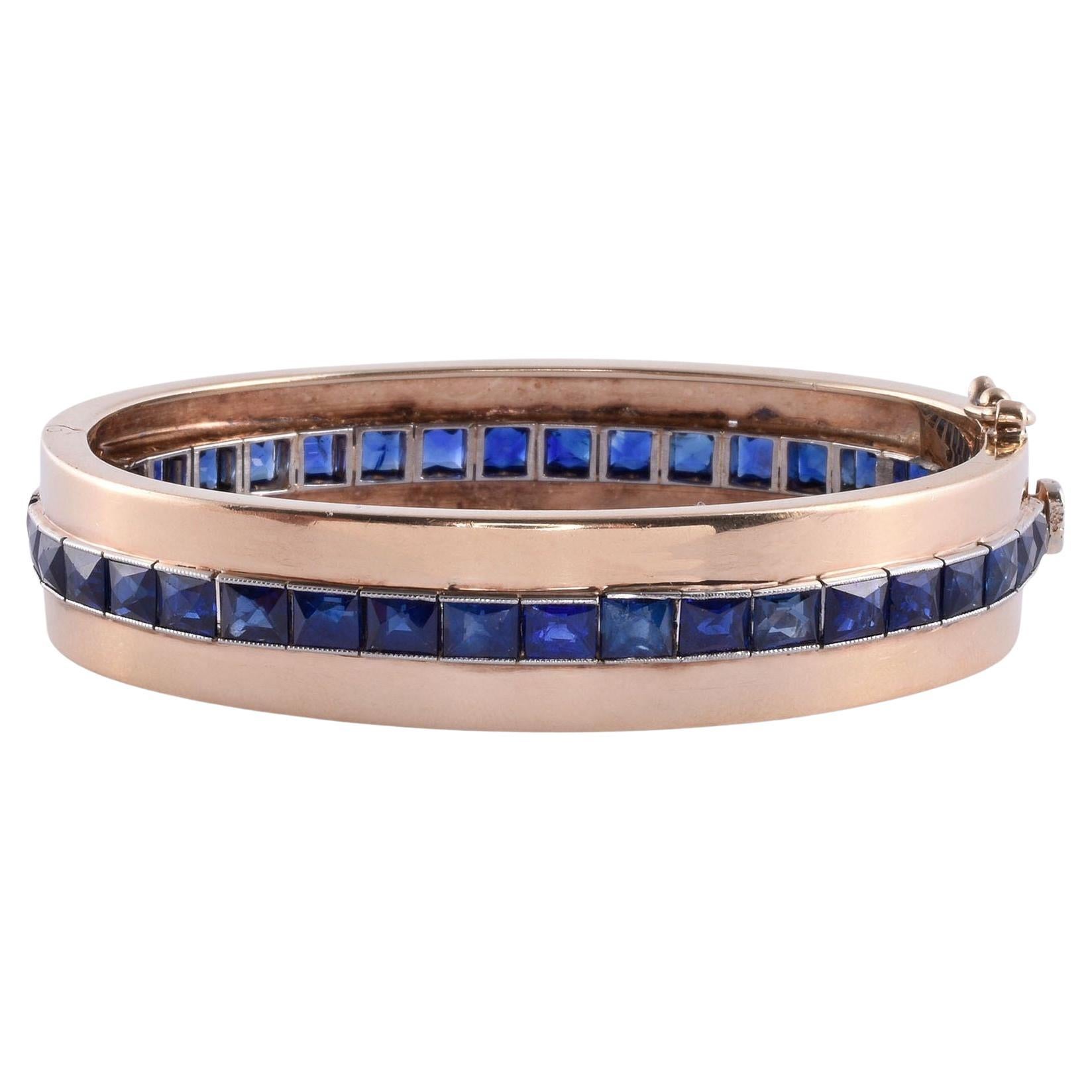 Sapphire 14k & Platinum Hinged Bangle Bracelet For Sale