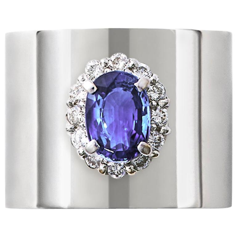 Sapphire 1.550 Carat Diamond 0.340 Carat Platinum Wide Band Ring For Sale