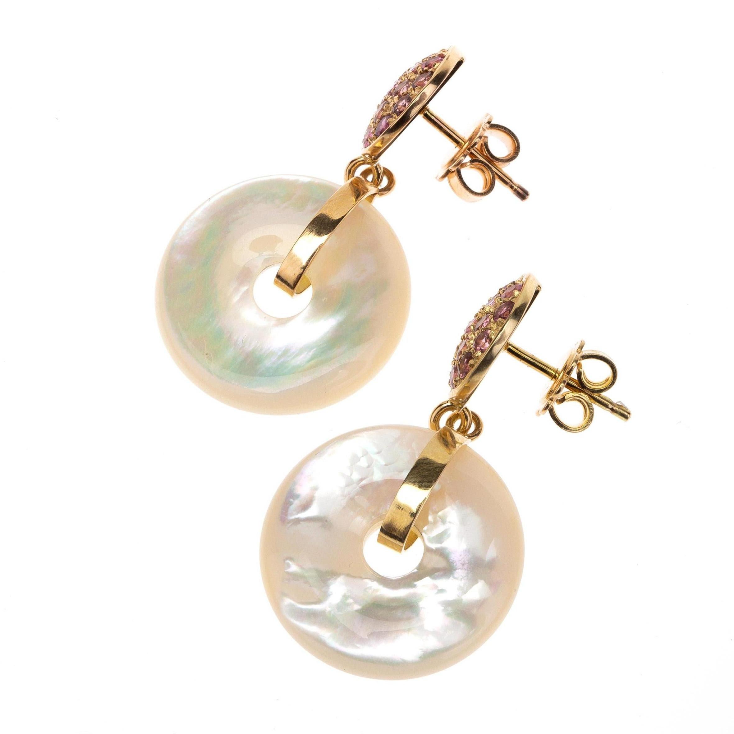 Women's or Men's Sapphire 18 Karat Gold Mother-of-pearl BI Earrings For Sale