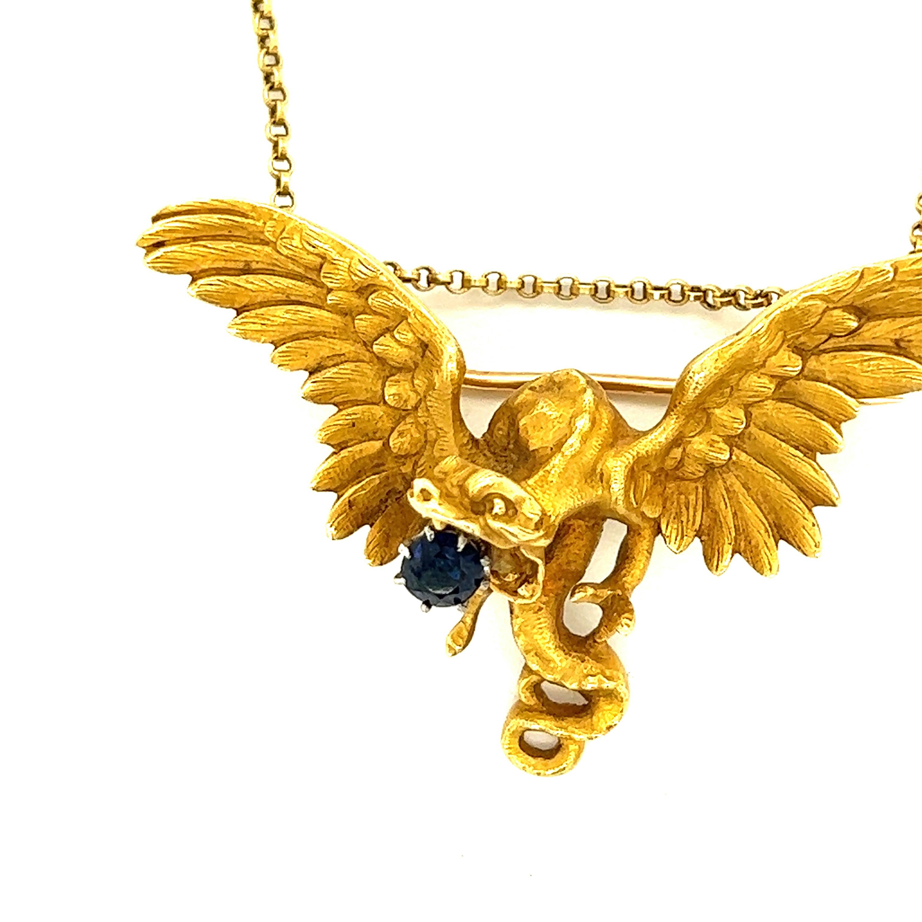 Sapphire 18k Yellow Gold Bird Pendant Necklace

One round-cut sapphire, set on 18 karat yellow gold, featuring a bird motif with its wings spread out; the pendant can be converted into a brooch

Size: Pendant width 5.3 cm, length 4 cm; Chain length