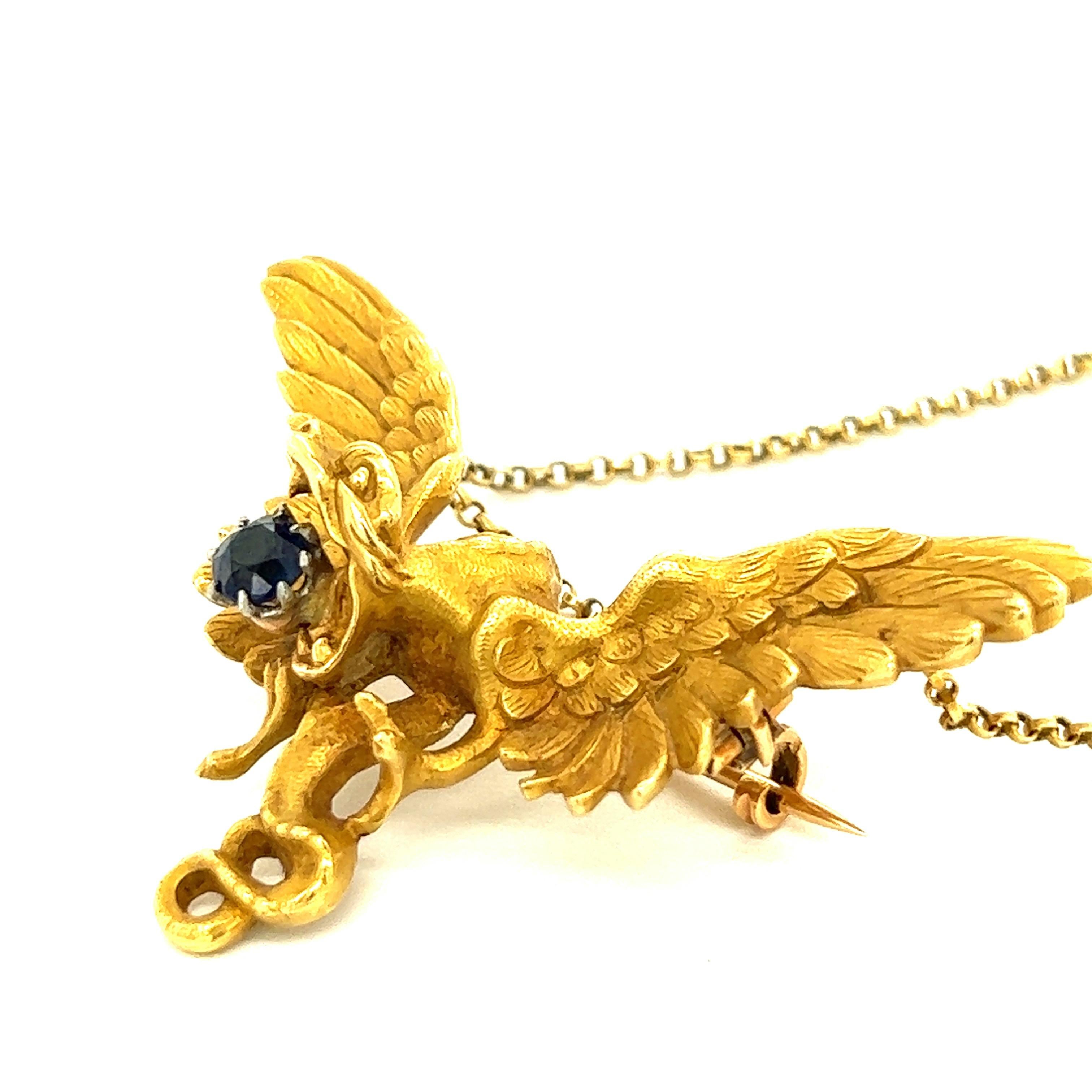 Art Nouveau Sapphire 18k Yellow Gold Bird Pendant Necklace For Sale