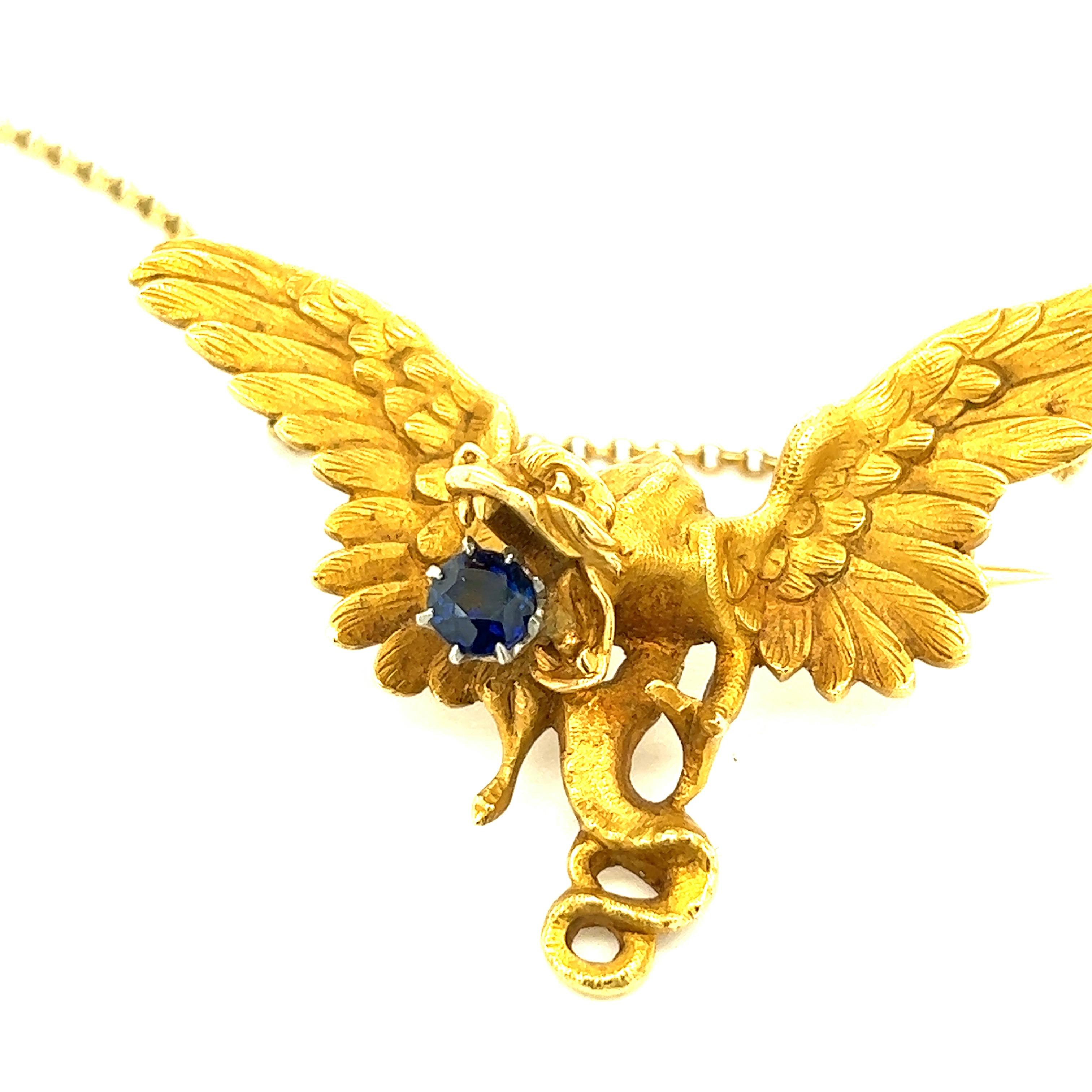 Round Cut Sapphire 18k Yellow Gold Bird Pendant Necklace For Sale