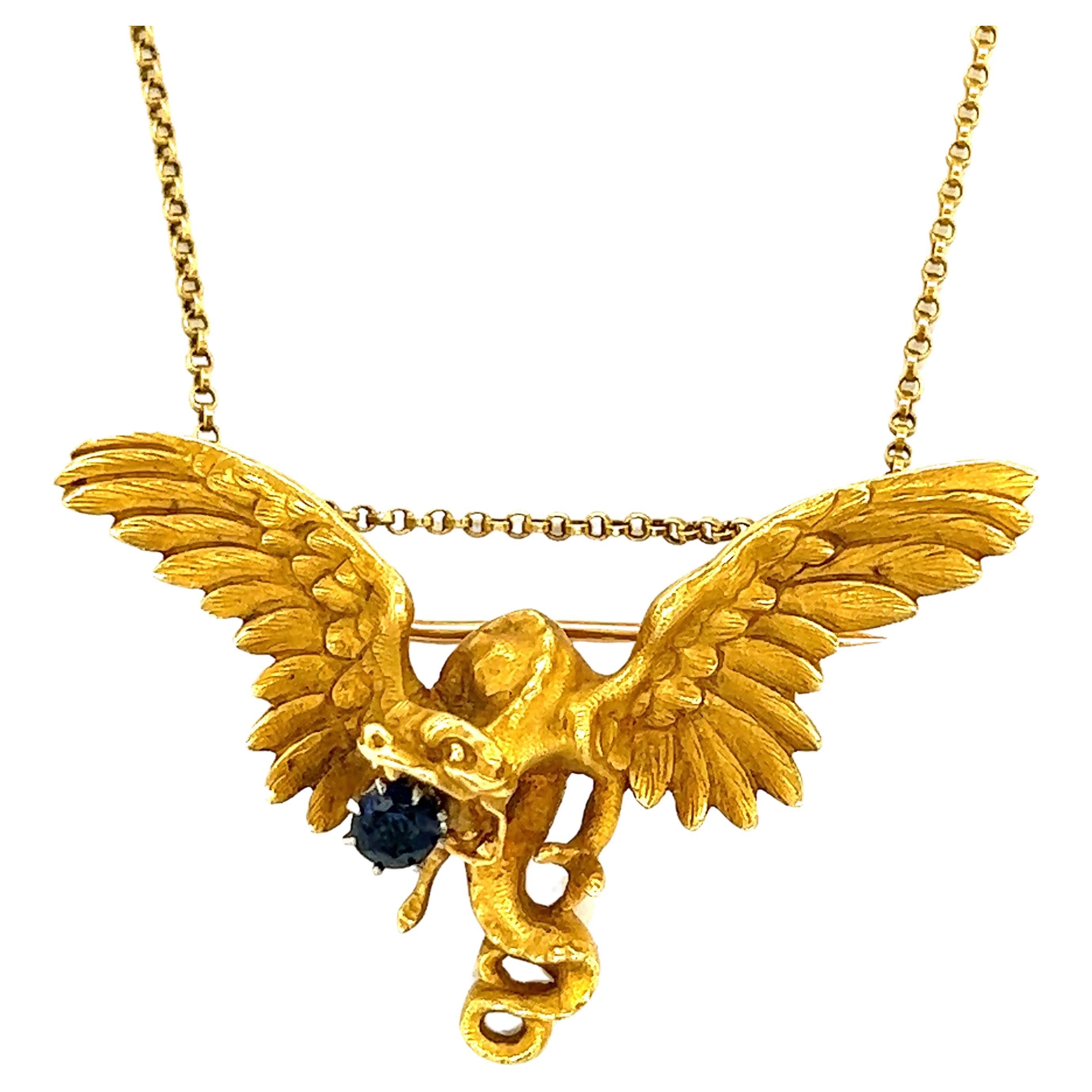 Collier pendentif oiseau en or jaune 18 carats et saphirs en vente