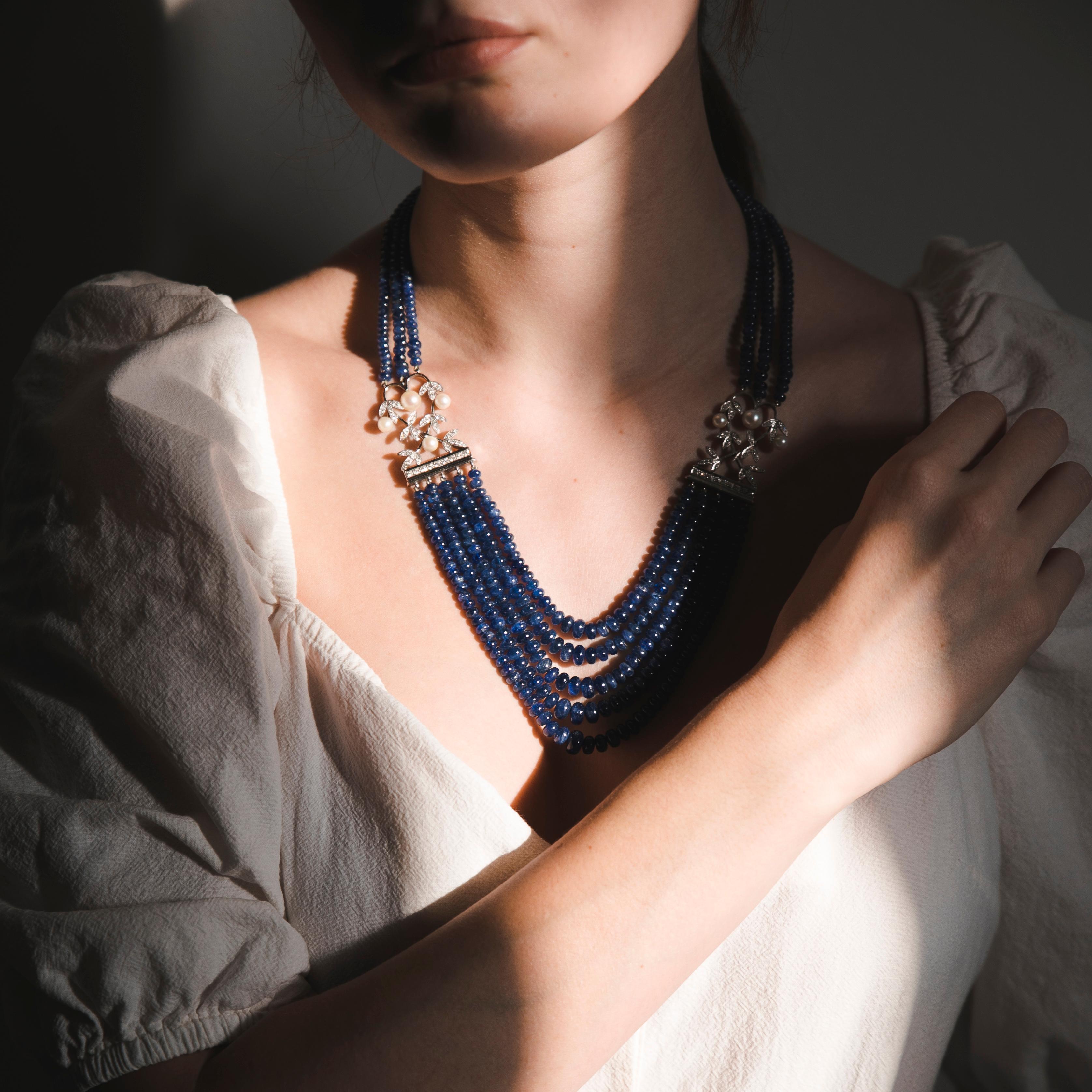 Sapphire 25 Carat Diamonds Pearls Beaded Necklace, 1980s 3
