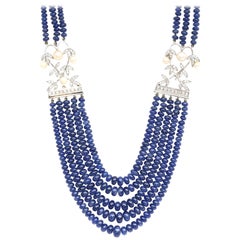 Sapphire 25 Carat Diamonds Pearls Beaded Necklace, 1980s