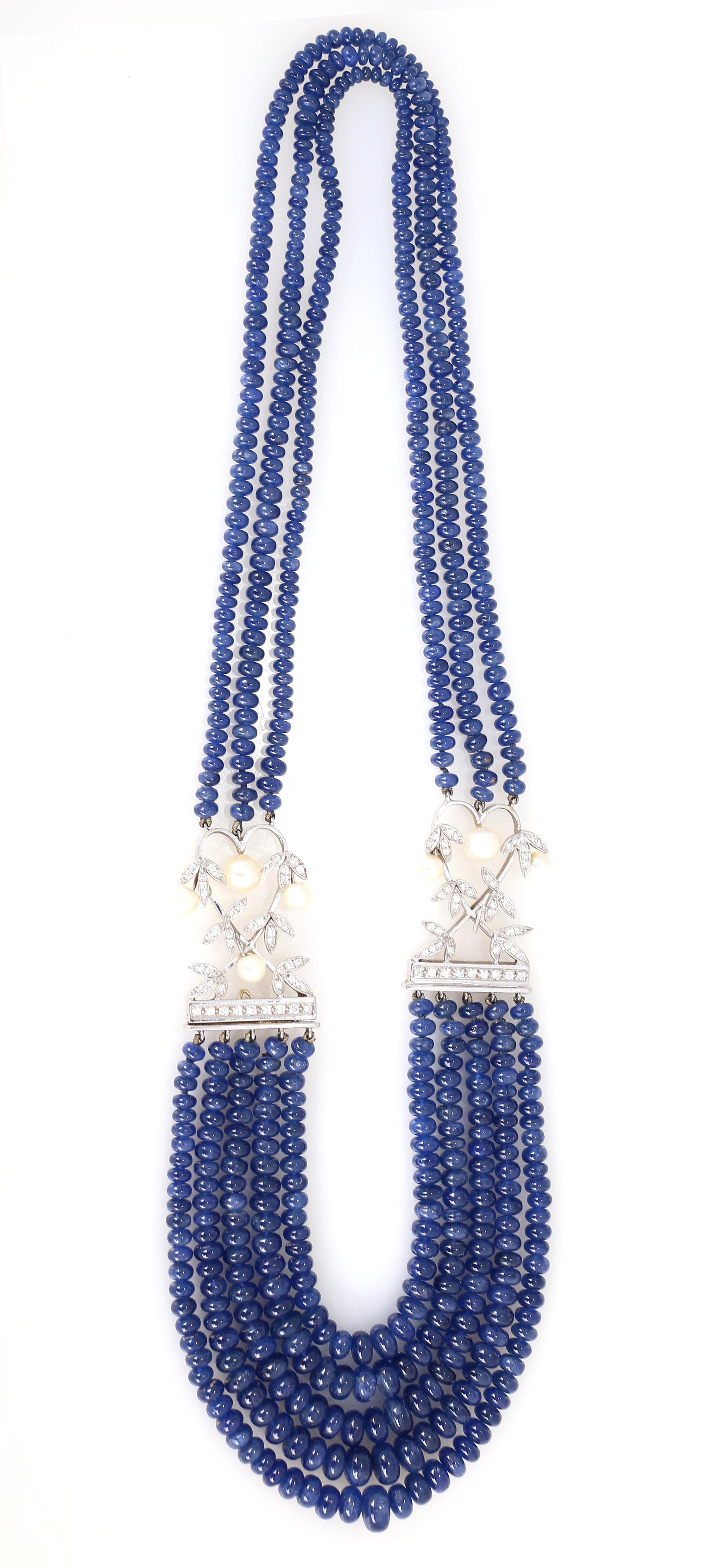 Art Nouveau Sapphire 25 Carat Diamonds Pearls Beaded Necklace, 1980s