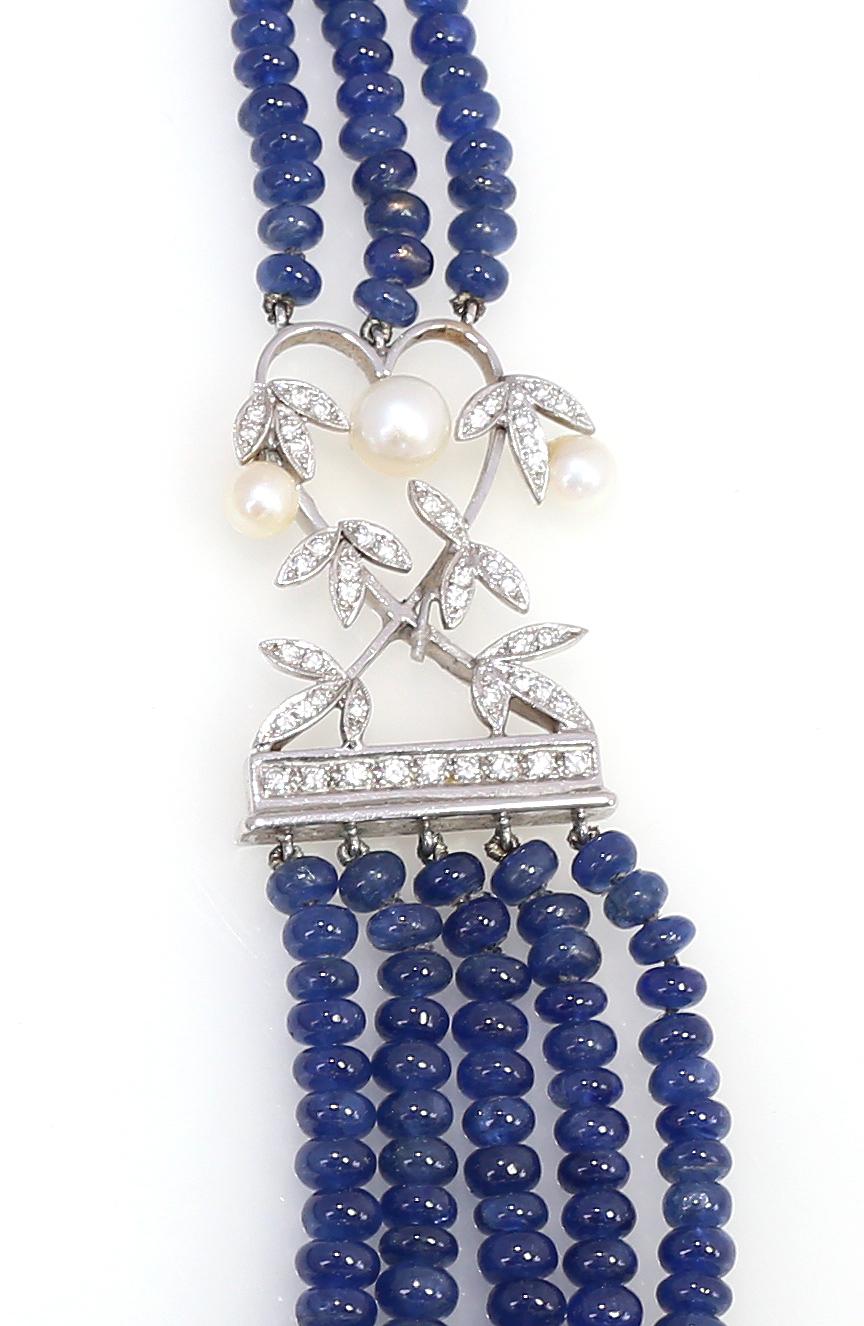 Women's Sapphire 25 Carat Diamonds Pearls Beaded Necklace, 1980s