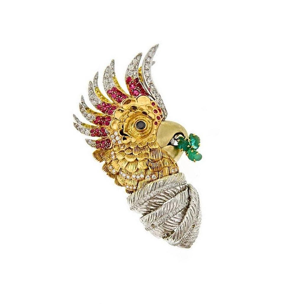 18k. Yellow, White and Rose Gold. 101 Pink and Yellow Sapphires. 218 Brilliant White Diamonds (2.65ct.). 4 Hand-Carved Emerald Leaves. It comes in a unique custom made box designed by Prince John Landrum Bryant, ready for you, or for a very special