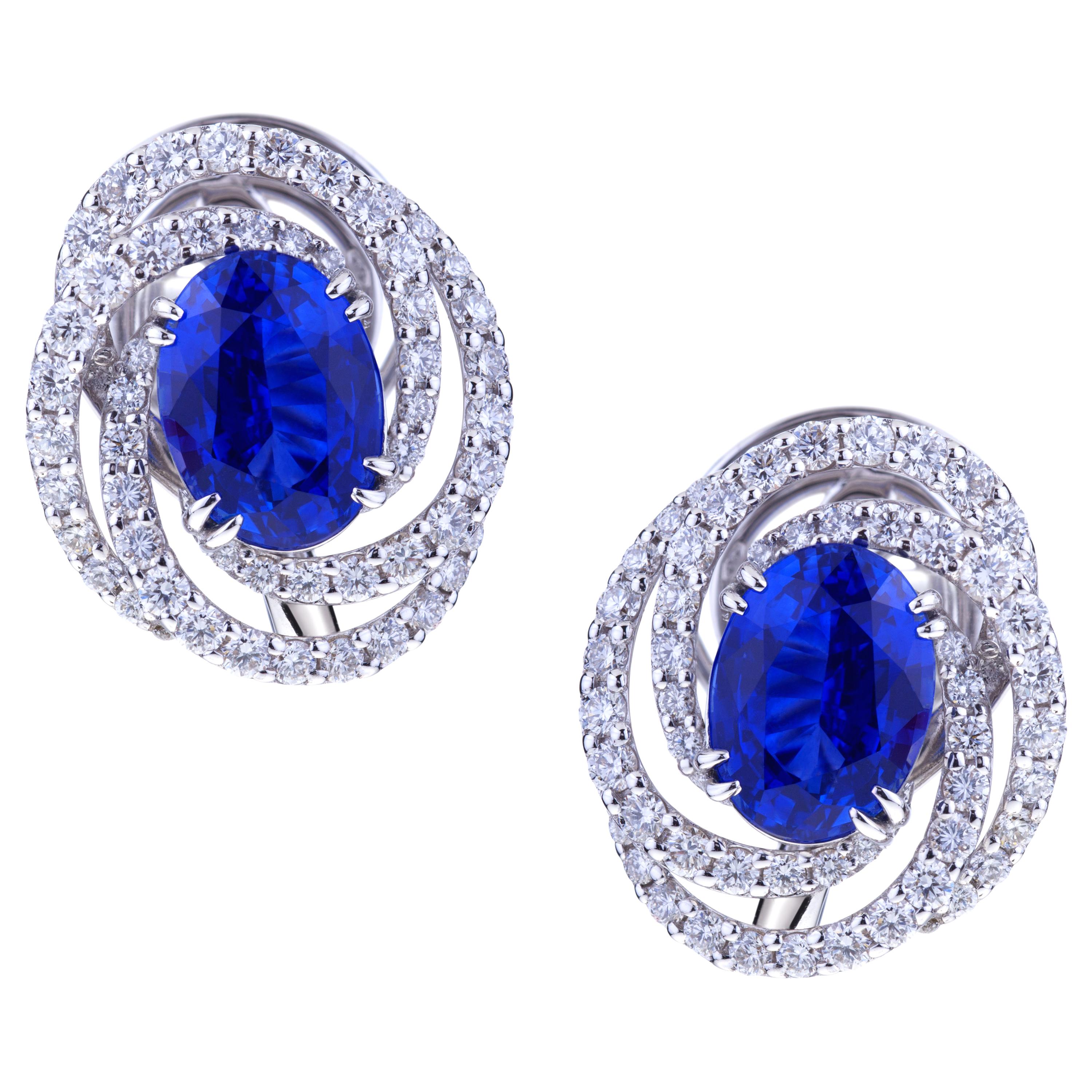 Sapphire 4 Carat Each Earring Gold with Circle of Diamonds with Certificate