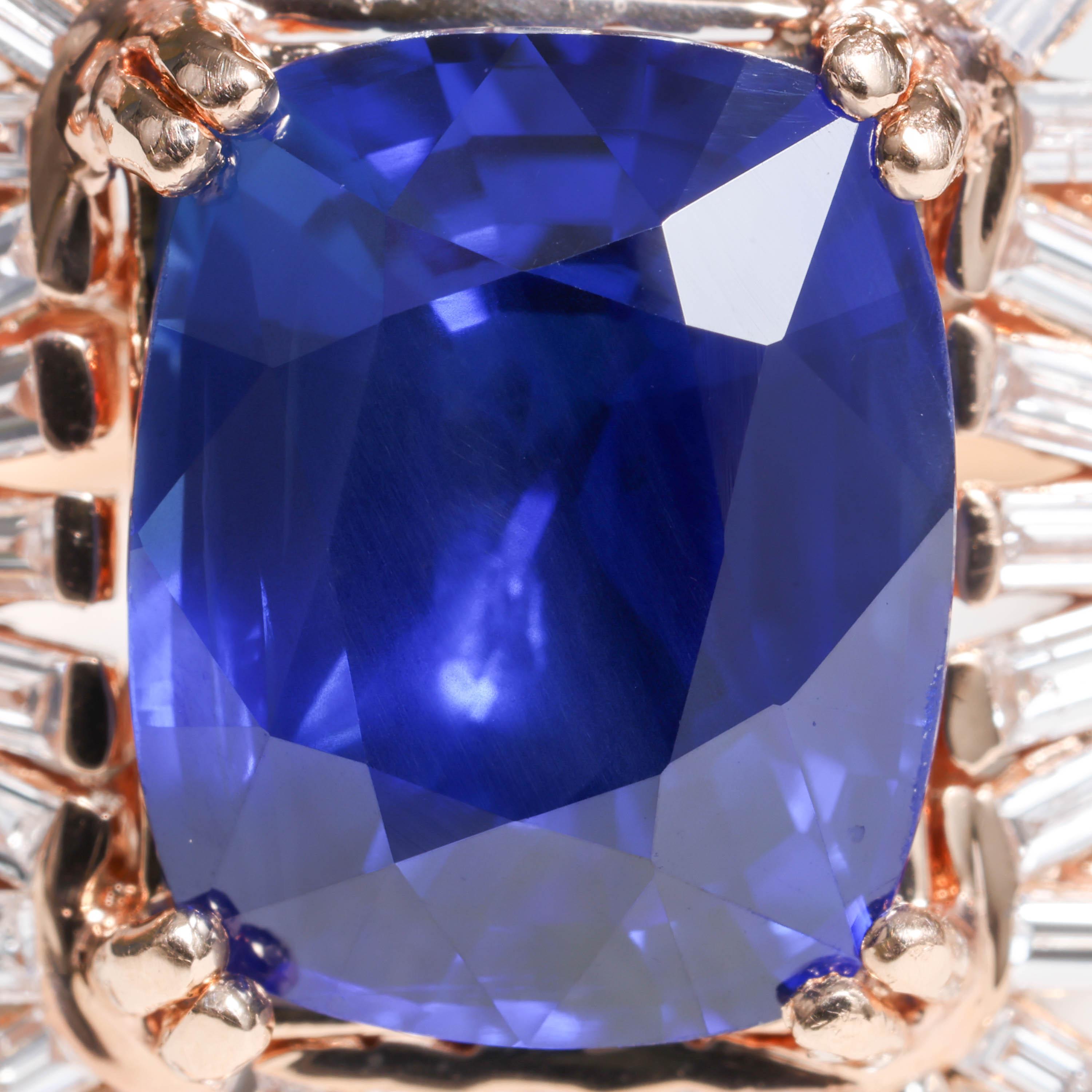 A cushion-shaped, mixed-cut, eye-clean 4.04 unheated royal blue sapphire from Madagascar is the discussion here. 

The included AGL 