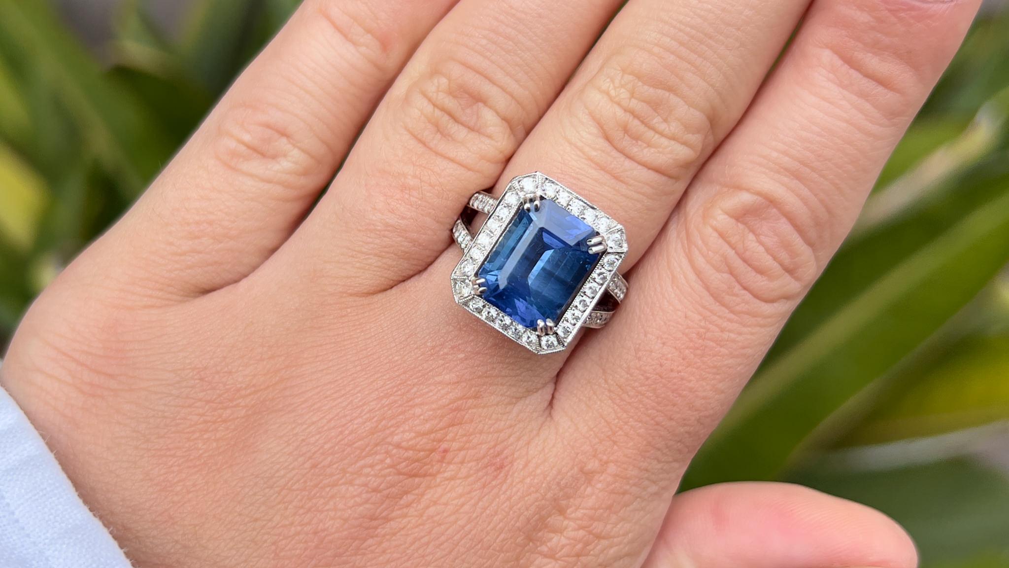 Sapphire = 6.50 Carat
Cut: Emerald
Diamonds = 2.85 Carats
( Color: F, Clarity: VS )
Metal: 18K Gold
Size: 6.25 US*
*It can be resized complimentary