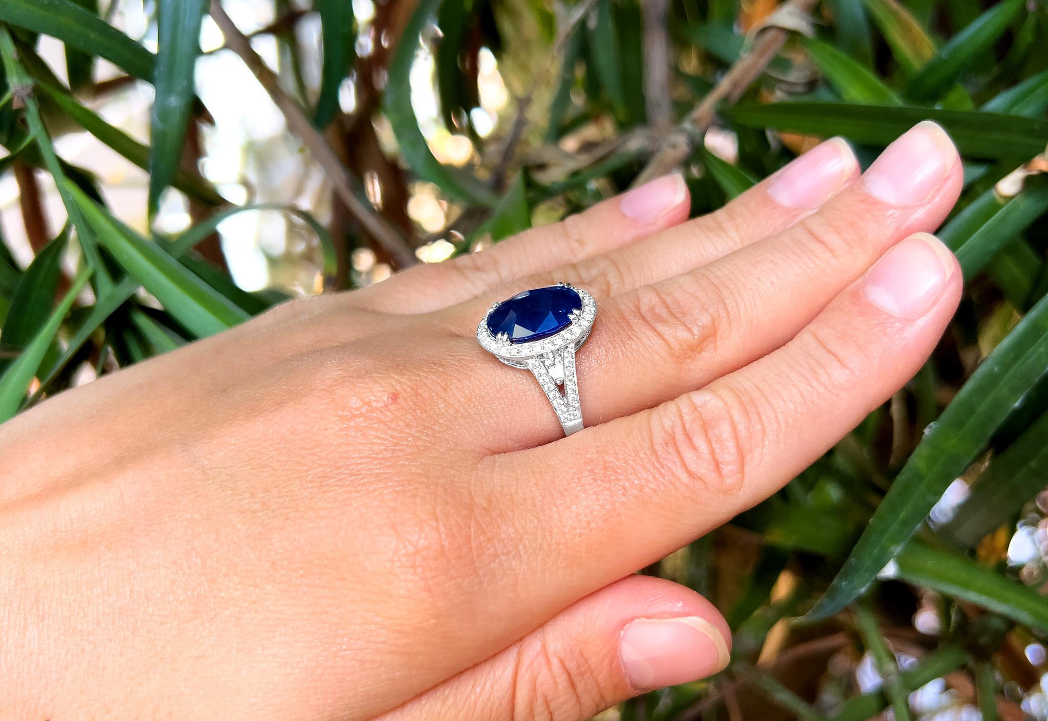 Oval Cut Sapphire 6.51 Carat Ring with Diamond Halo 0.70 Carats Total 18k Gold For Sale