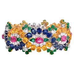 Sapphire 71.75 cts Diamond  18K Gold  Platinum Floral Cluster Statement Bracelet