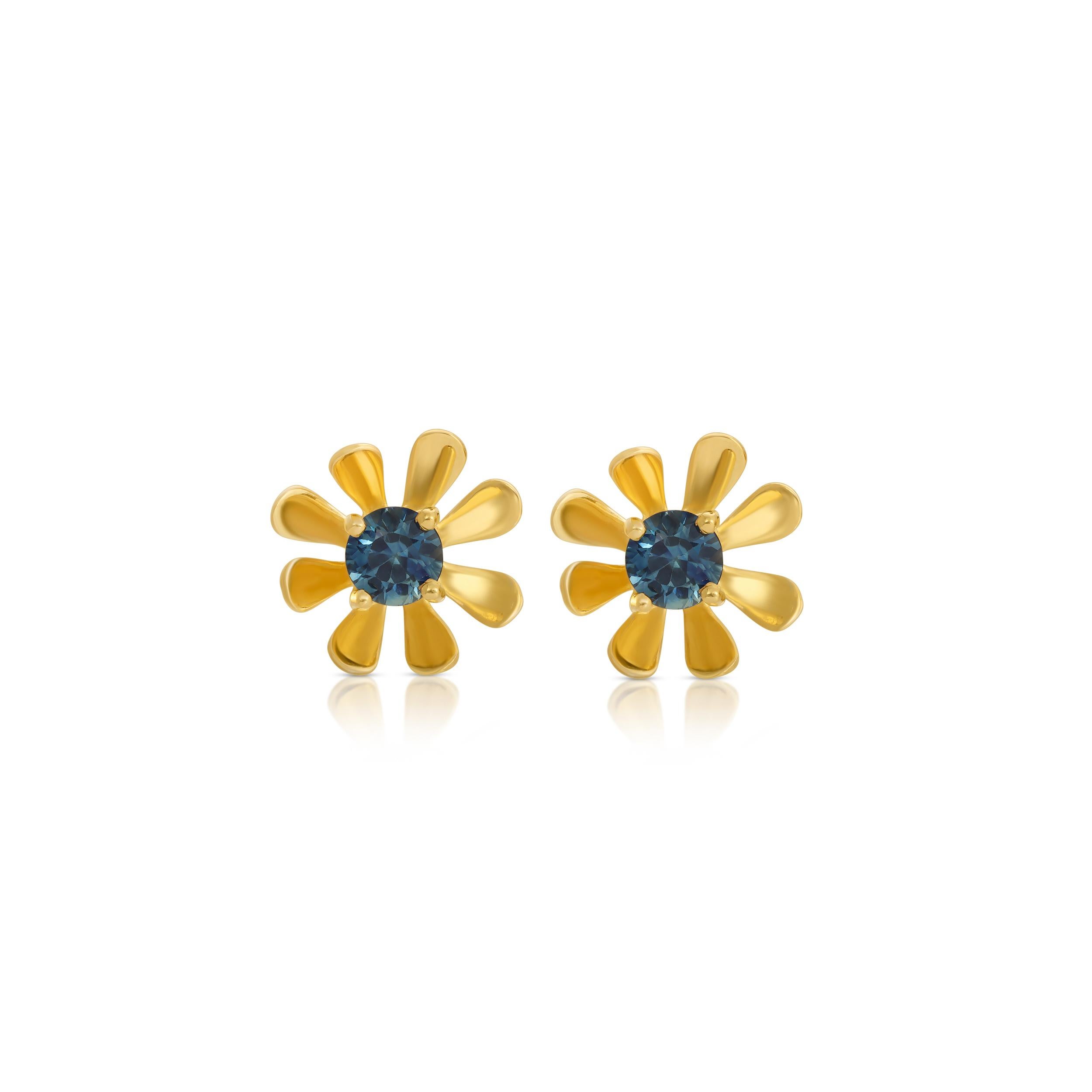 Unique and beautiful stud earrings in a modern floral design. This jewel features 1.90 Carats of Sapphires of the darkest blue-green hue prong set on stud earrings. These earrings are set in 22 Karat Gold overlay Silver and feature stem and
