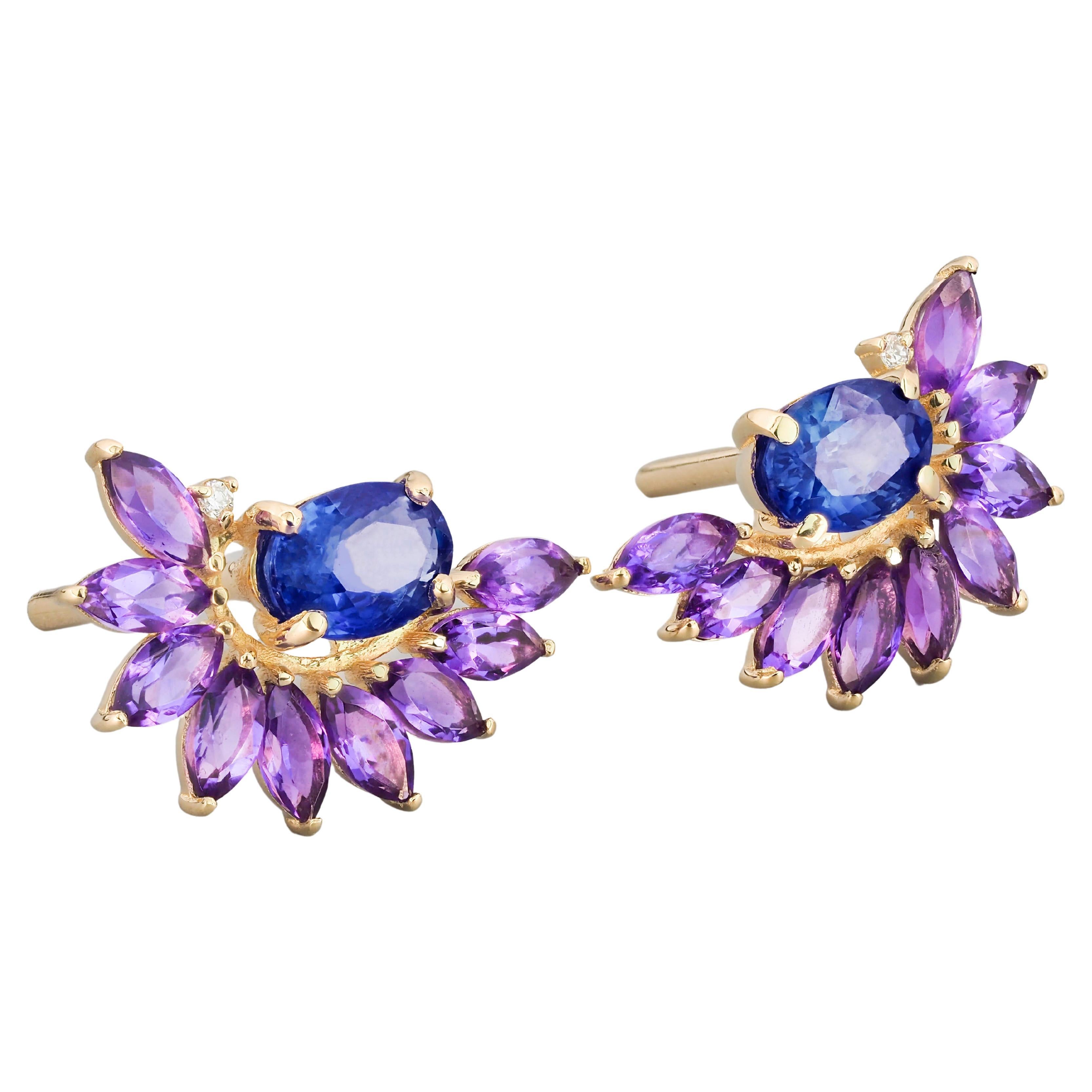 Sapphire, Amethyst 14k Gold Earrings Studs.