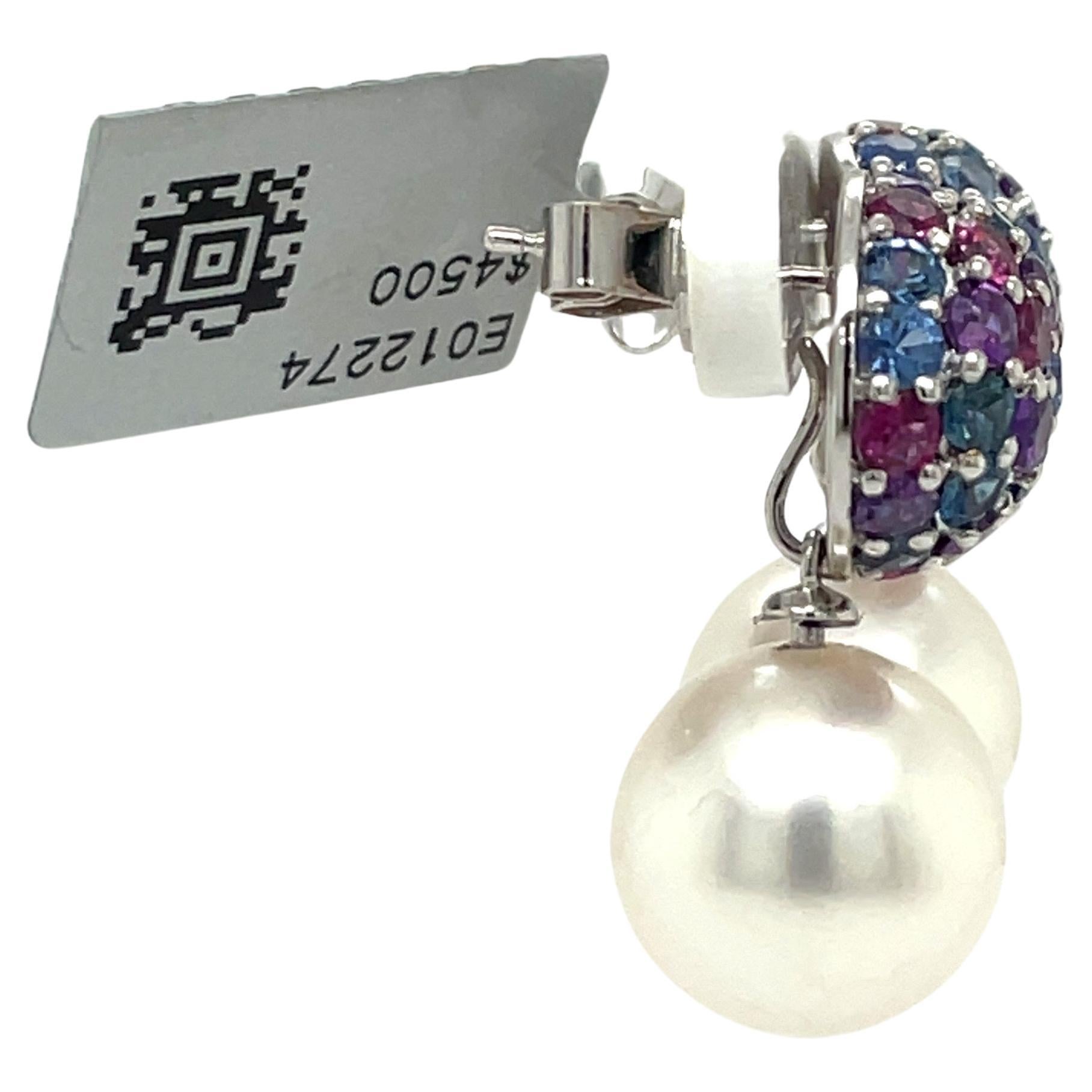Saphir Amethyst-Südseeperlen-Tropfen-Ohrringe 5 Karat 18 Karat Weißgold Damen im Angebot