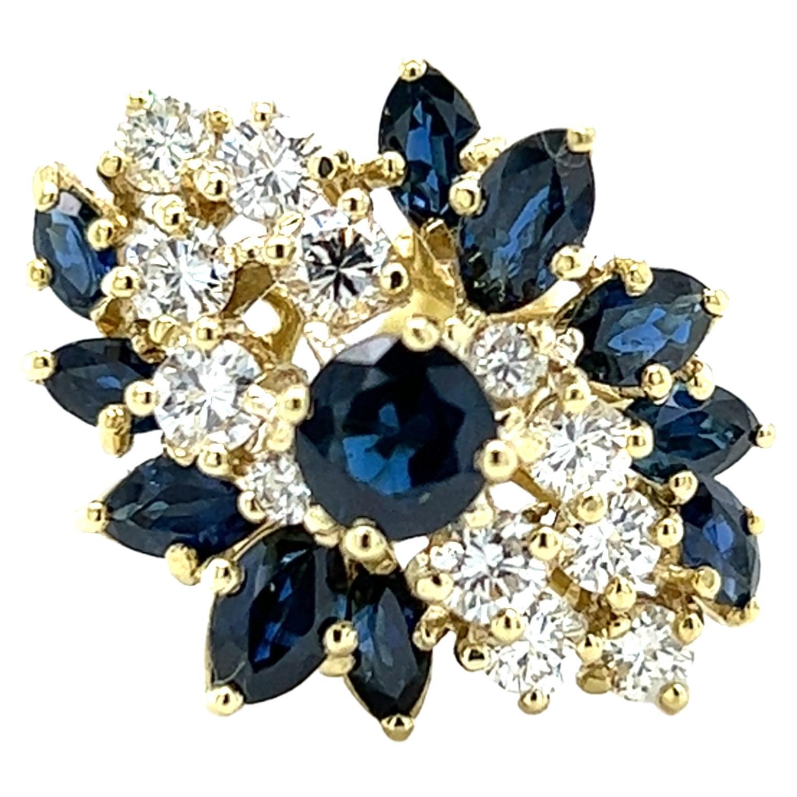 Sapphire and 1.00Ctw Diamond Cluster Ring in 18K Gold For Sale