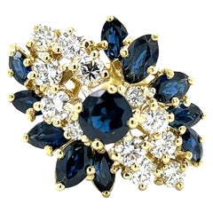 Retro Sapphire and 1.00Ctw Diamond Cluster Ring in 18K Gold