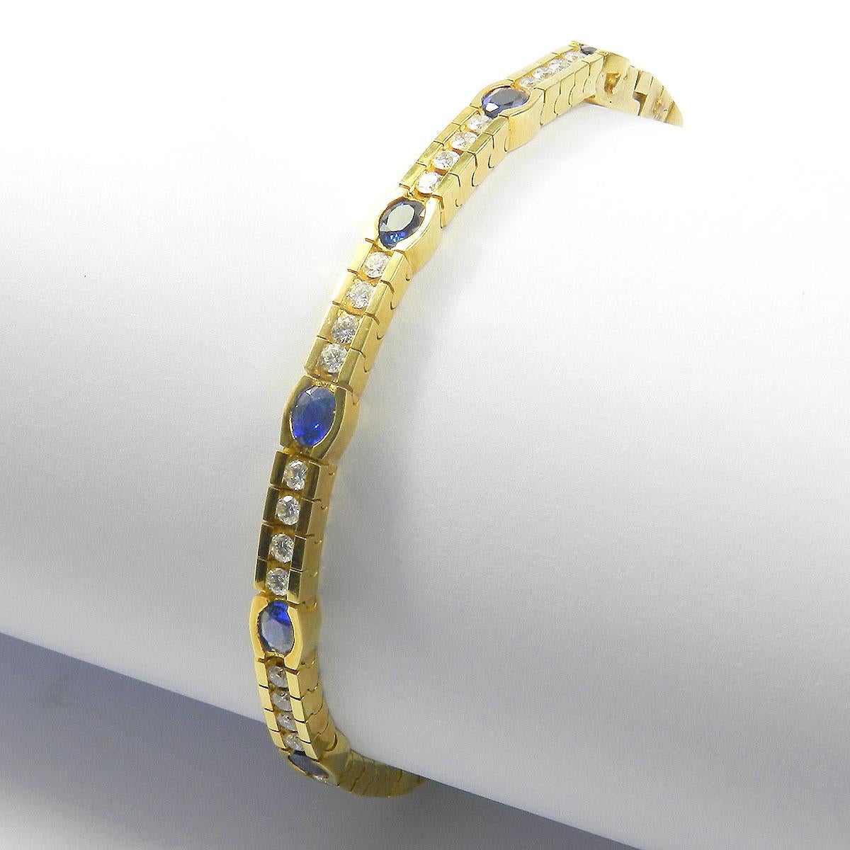 Sapphire and 1.2 Carat Diamond 18K Gold Tennis Bracelet

This sporty, elegant Tennis bracelet is alternately set with 12 sapphires weighing approx. 3.4 ct and 48 brilliant-cut diamonds weighing 1.2 ct. The link elements are mounted movable in a