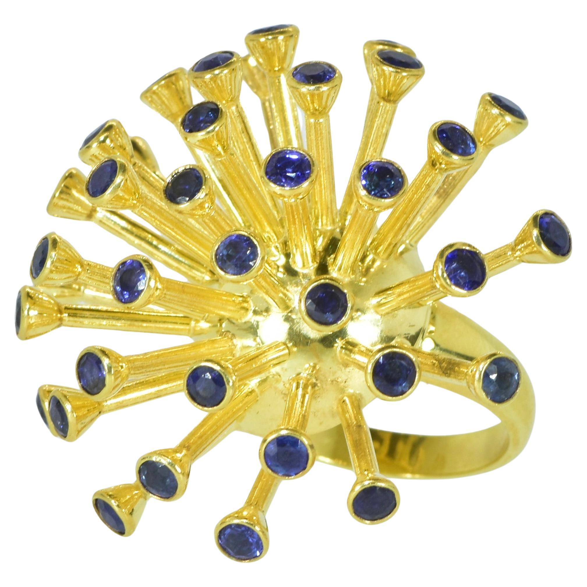 Women's  Sapphire and 18K Gold Spudnik Motif Ring, Retro, Circa 1958. For Sale