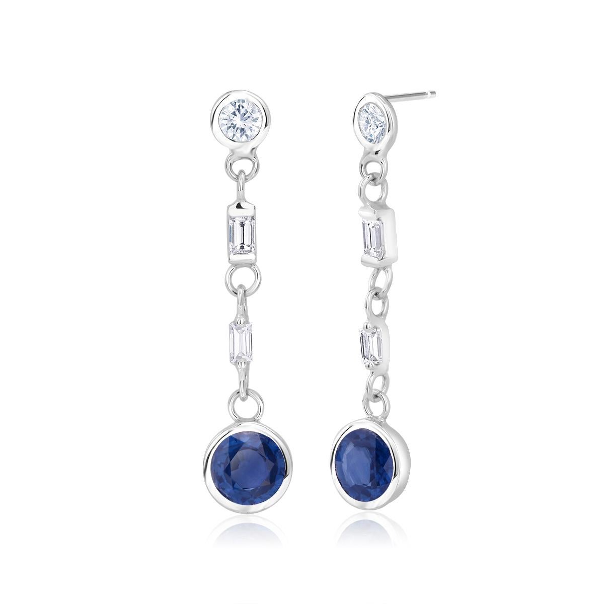 Round Cut Round Sapphire and Baguette Diamond Gold Earrings Weighing 2.30 Carat