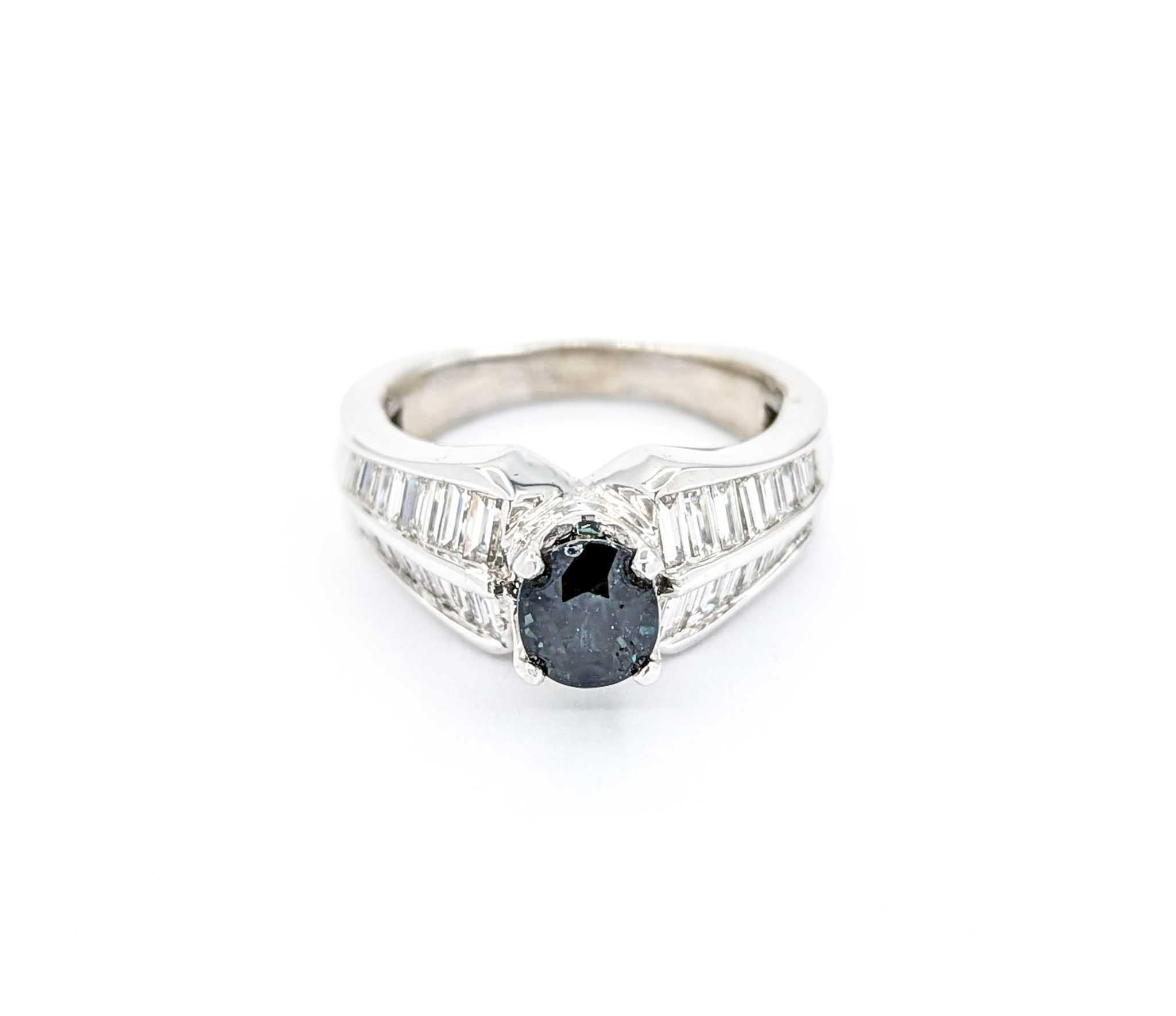 Ring mit Saphir und Baguette-Diamant aus 18k Weißgold im Angebot 7