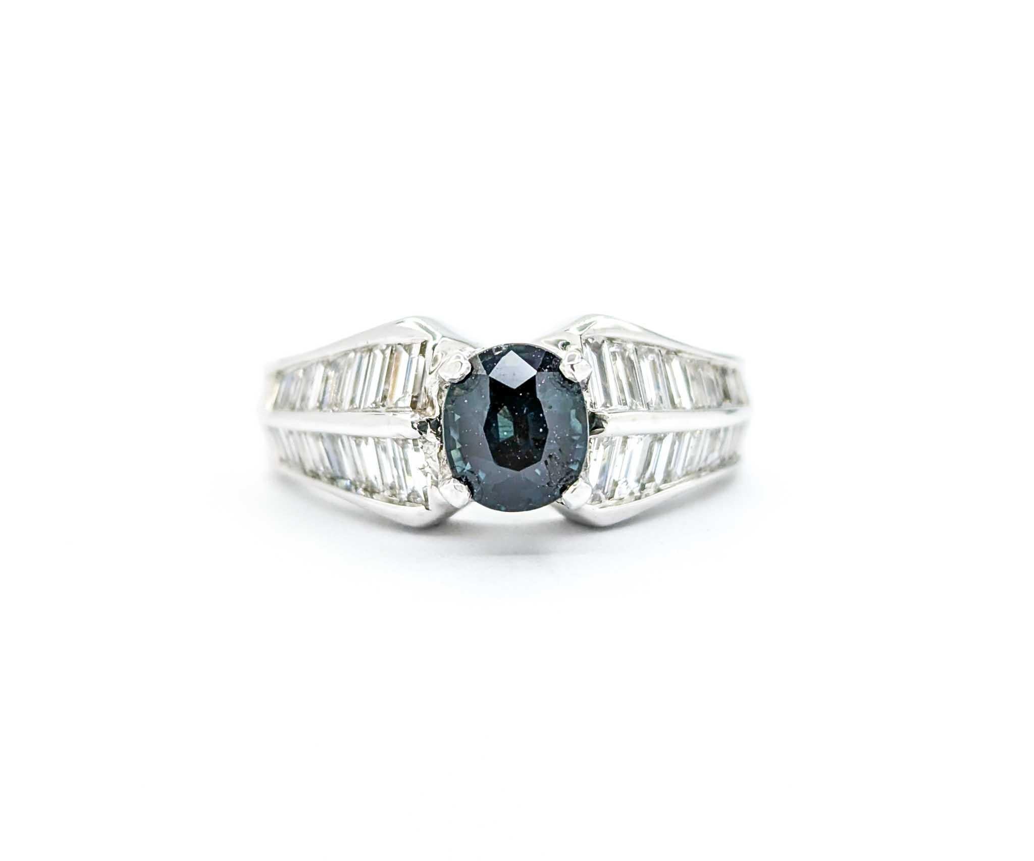 Ring mit Saphir und Baguette-Diamant aus 18k Weißgold im Angebot 8