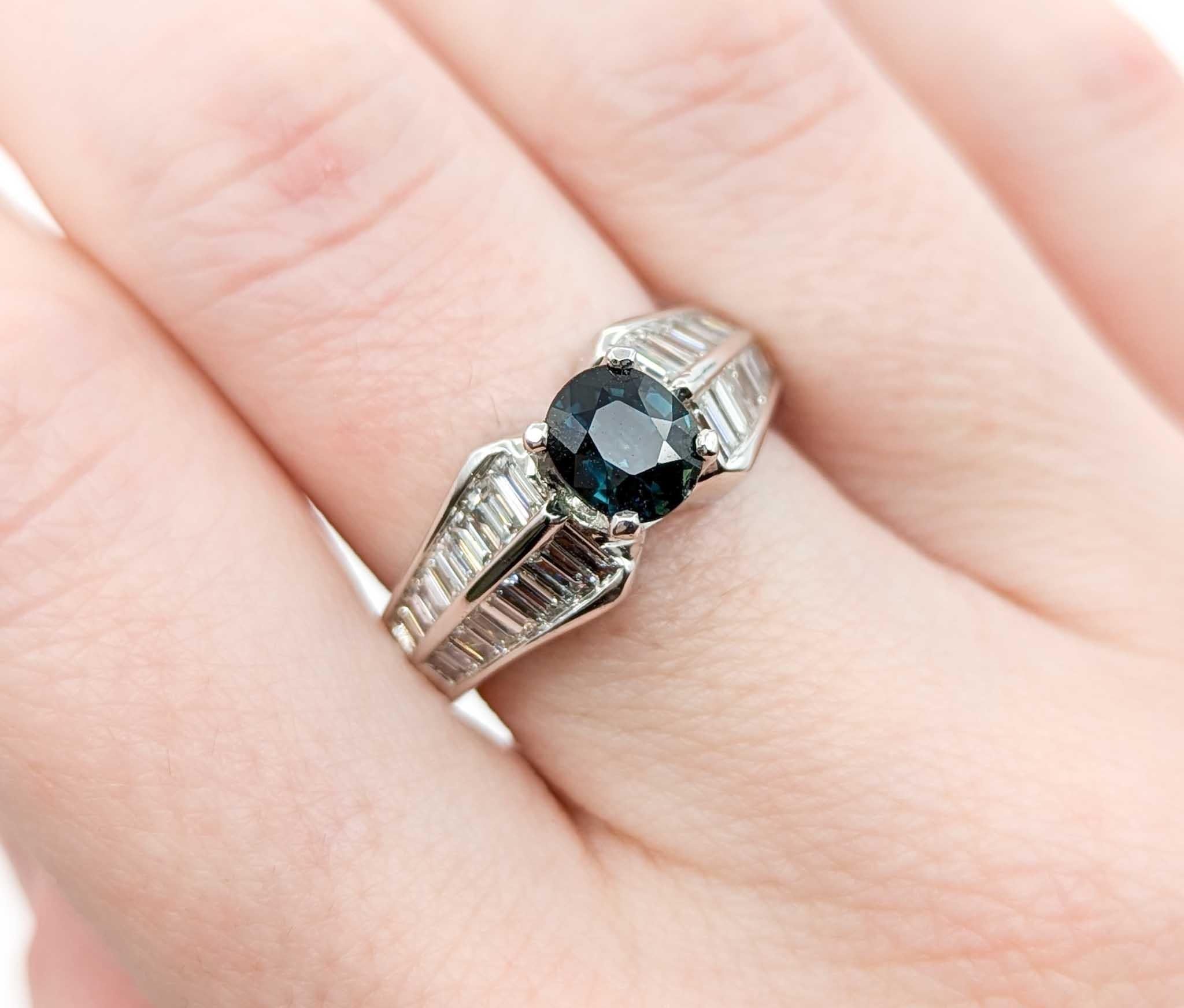Ring mit Saphir und Baguette-Diamant aus 18k Weißgold Damen im Angebot