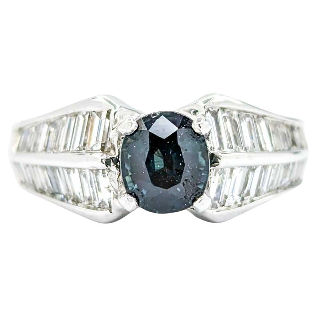 Sapphire and Baguette Diamond Ring in 18k White Gold