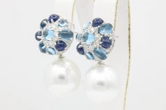 Sapphire and Blue Topaz South Sea Pearl Dangle Drop Earrings