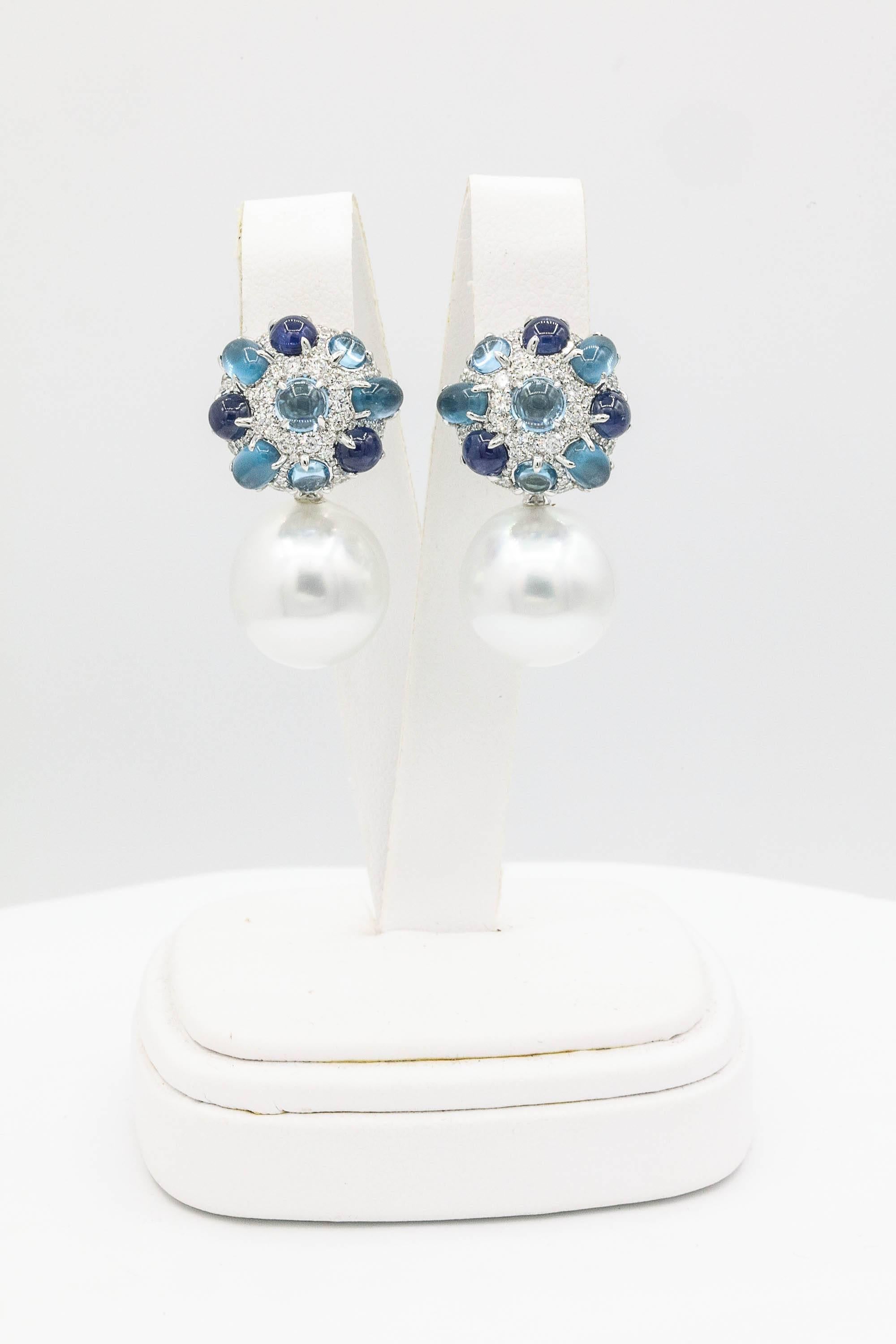 Contemporary Sapphire and Blue Topaz South Sea Pearl Dangle Drop Earrings