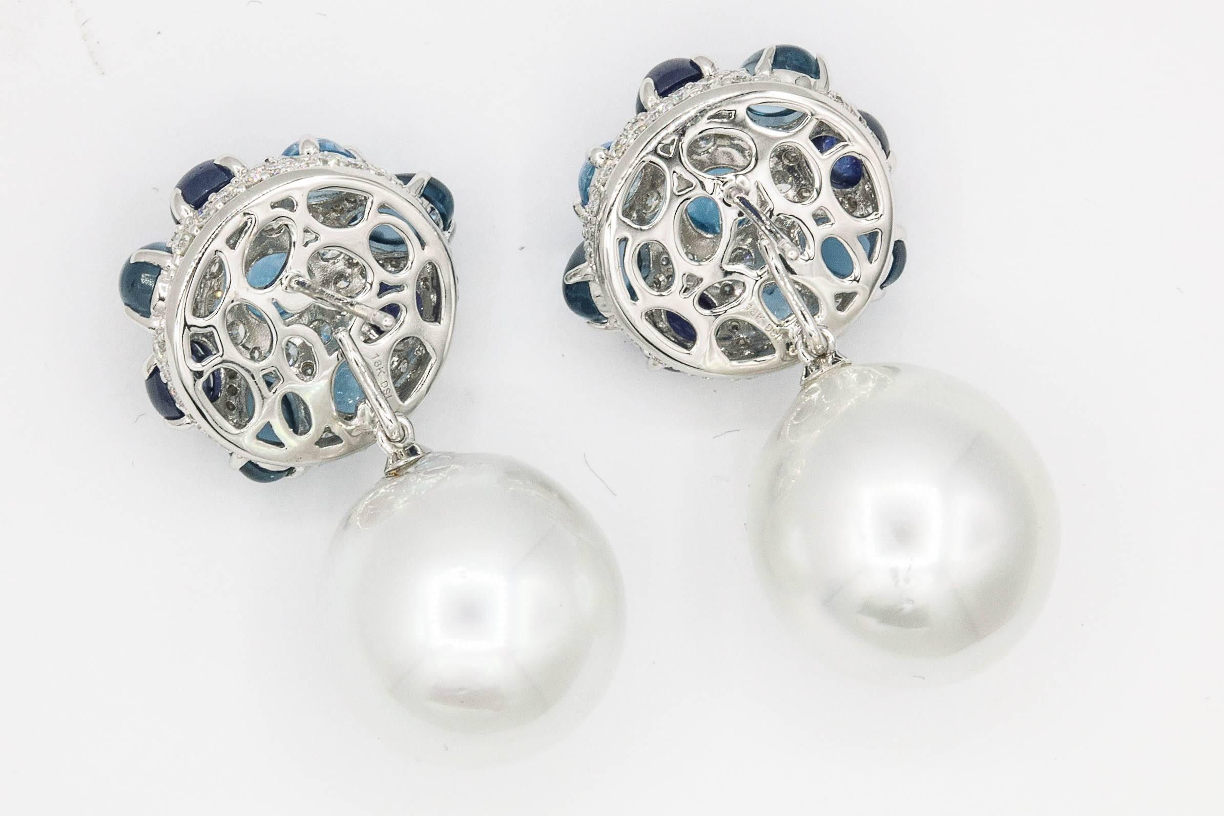 Round Cut Sapphire and Blue Topaz South Sea Pearl Dangle Drop Earrings For Sale