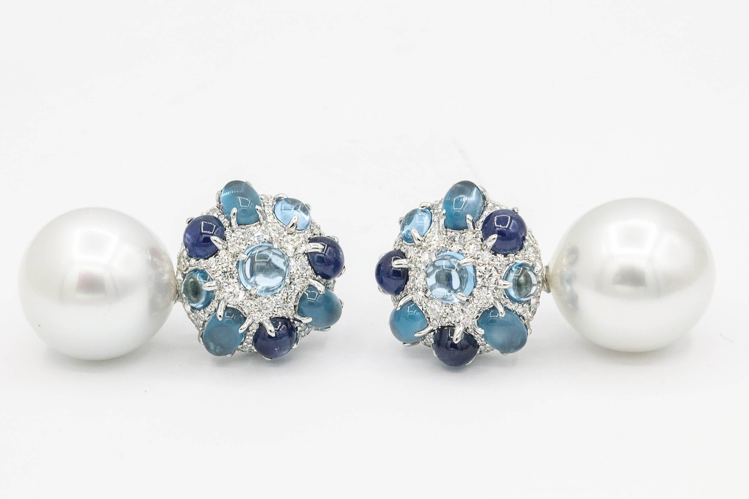 Sapphire and Blue Topaz South Sea Pearl Dangle Drop Earrings 1