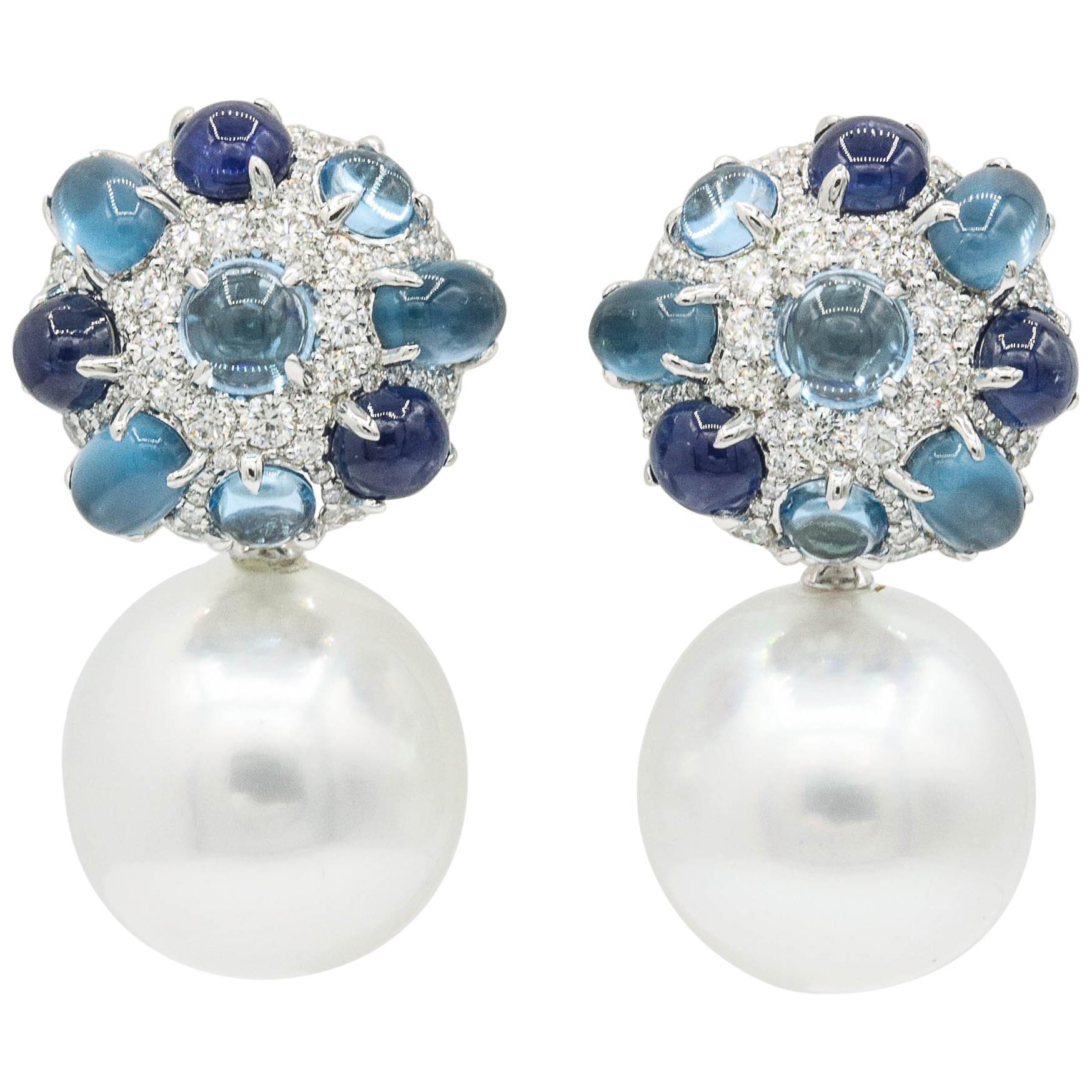 Sapphire and Blue Topaz South Sea Pearl Dangle Drop Earrings