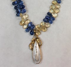 Sapphire and Citrine Briolettes Pearl Yellow Gold Necklace Estate Fine Jewelry