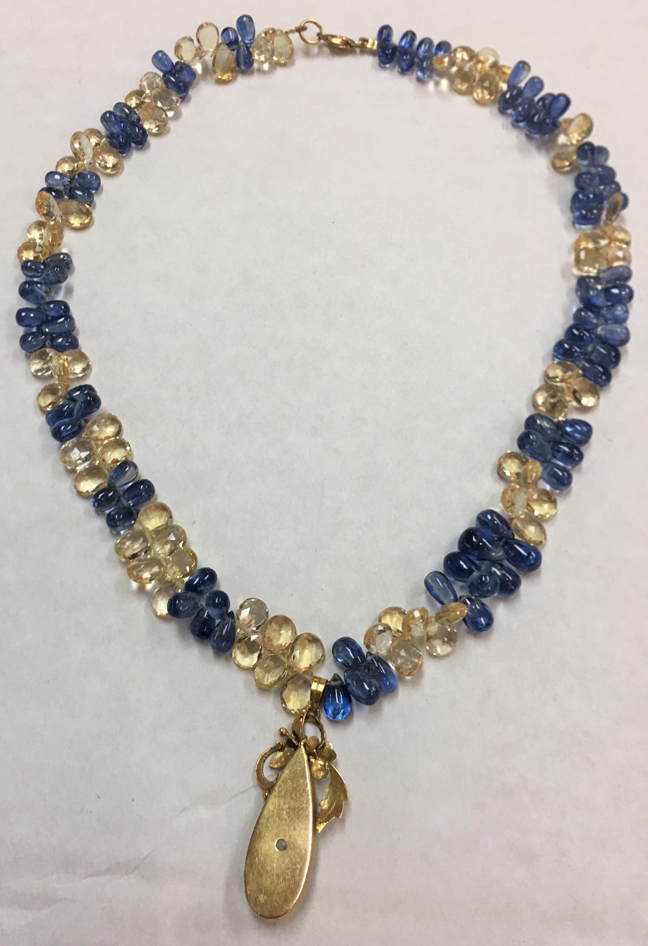 Art Nouveau Sapphire and Citrine Briolettes Pearl Yellow Gold Necklace Estate Fine Jewelry For Sale