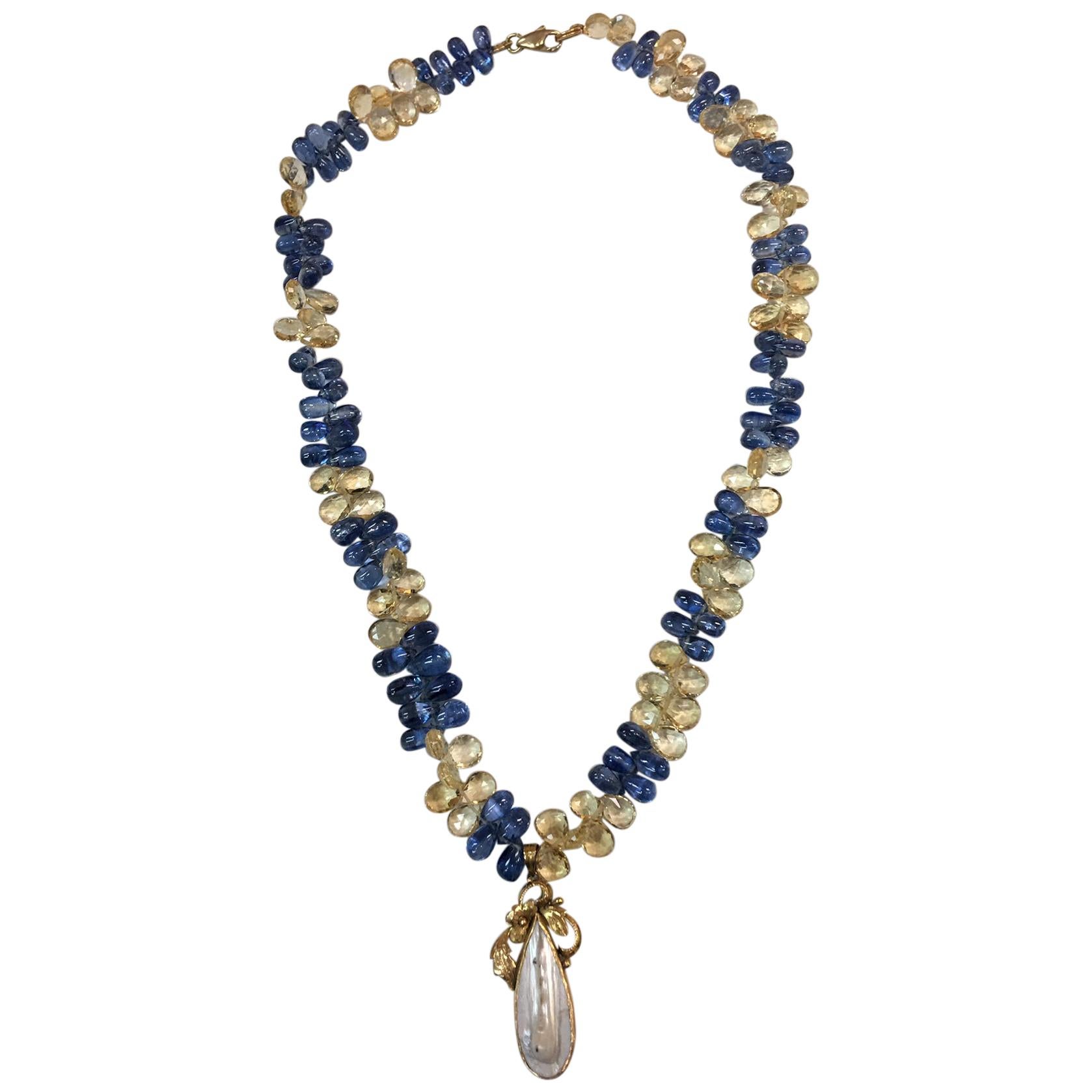 Sapphire and Citrine Briolettes Pearl Yellow Gold Necklace Estate Fine Jewelry For Sale