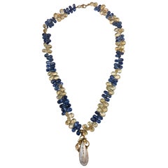 Antique Sapphire and Citrine Briolettes Pearl Yellow Gold Necklace Estate Fine Jewelry