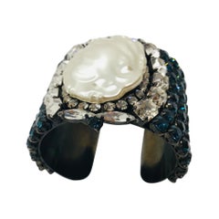 Sapphire and Clear Austrian Crystal and Lucite Mauvé Pearl Open Bangle Bracelet