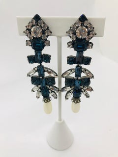 Sapphire and Clear Austrian Crystal and Lucite Pearl Drop Chandelier Earrings